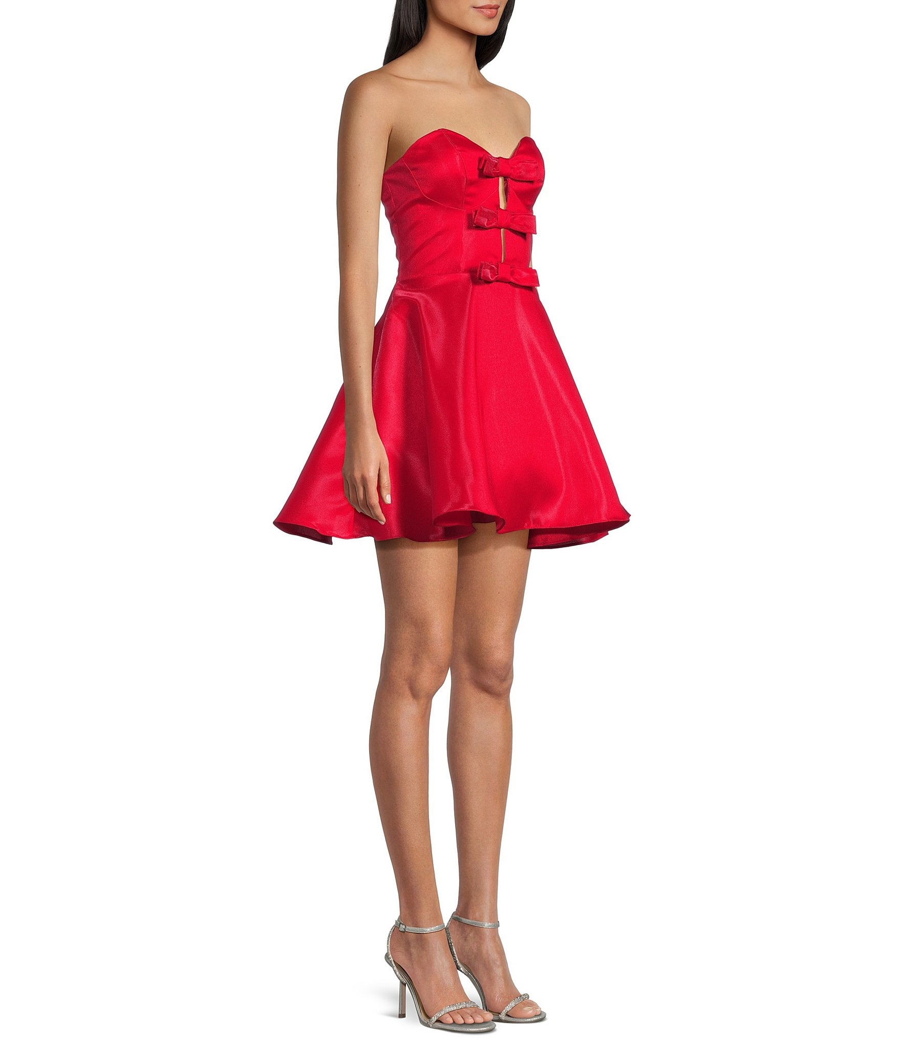 B. Darlin Strapless Sweetheart Neck Triple Bow Front Fit And Flare Dress