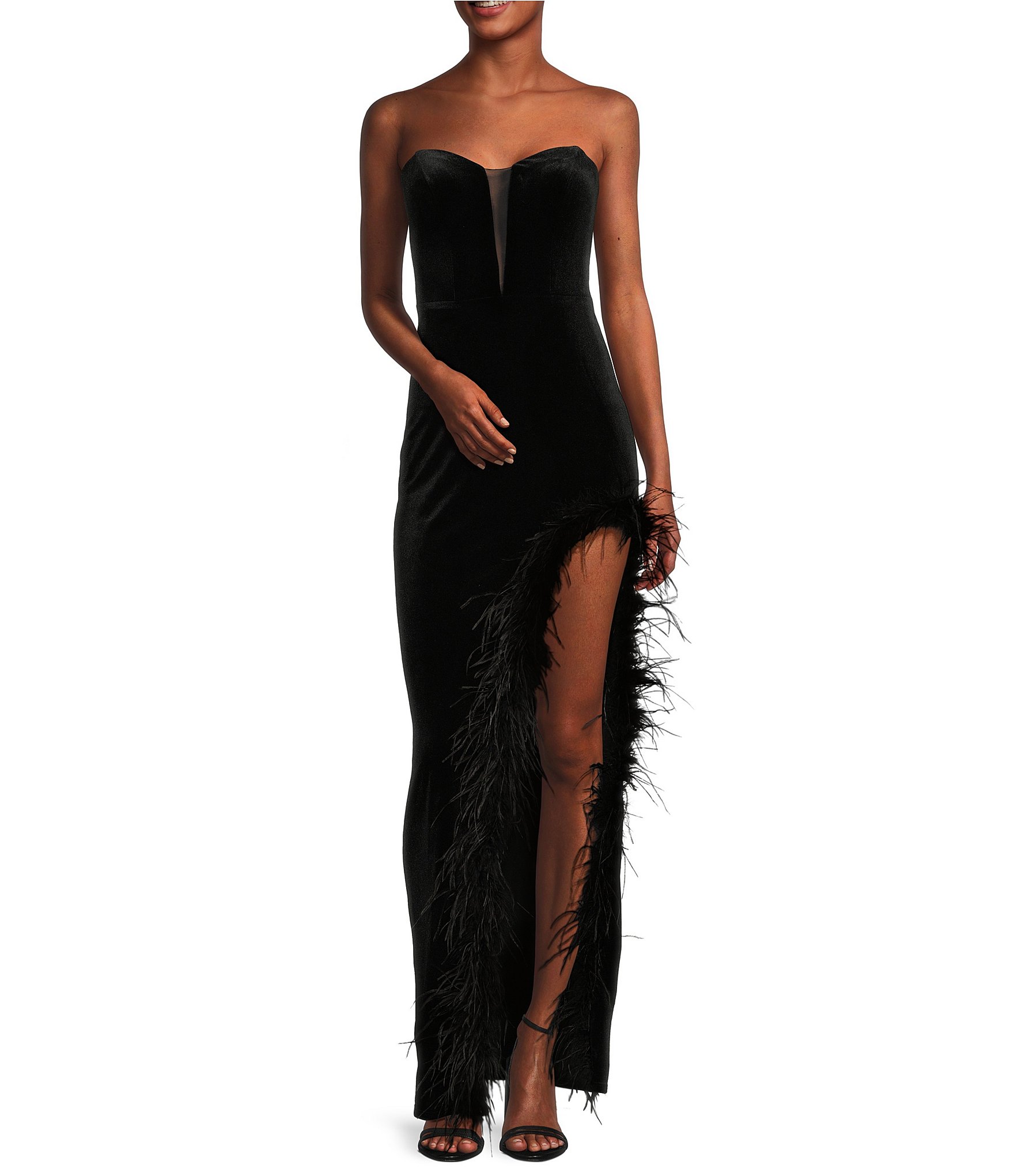 B. Darlin Strapless V-Neck Feather Trim Side Slit Long Dress | Dillard's