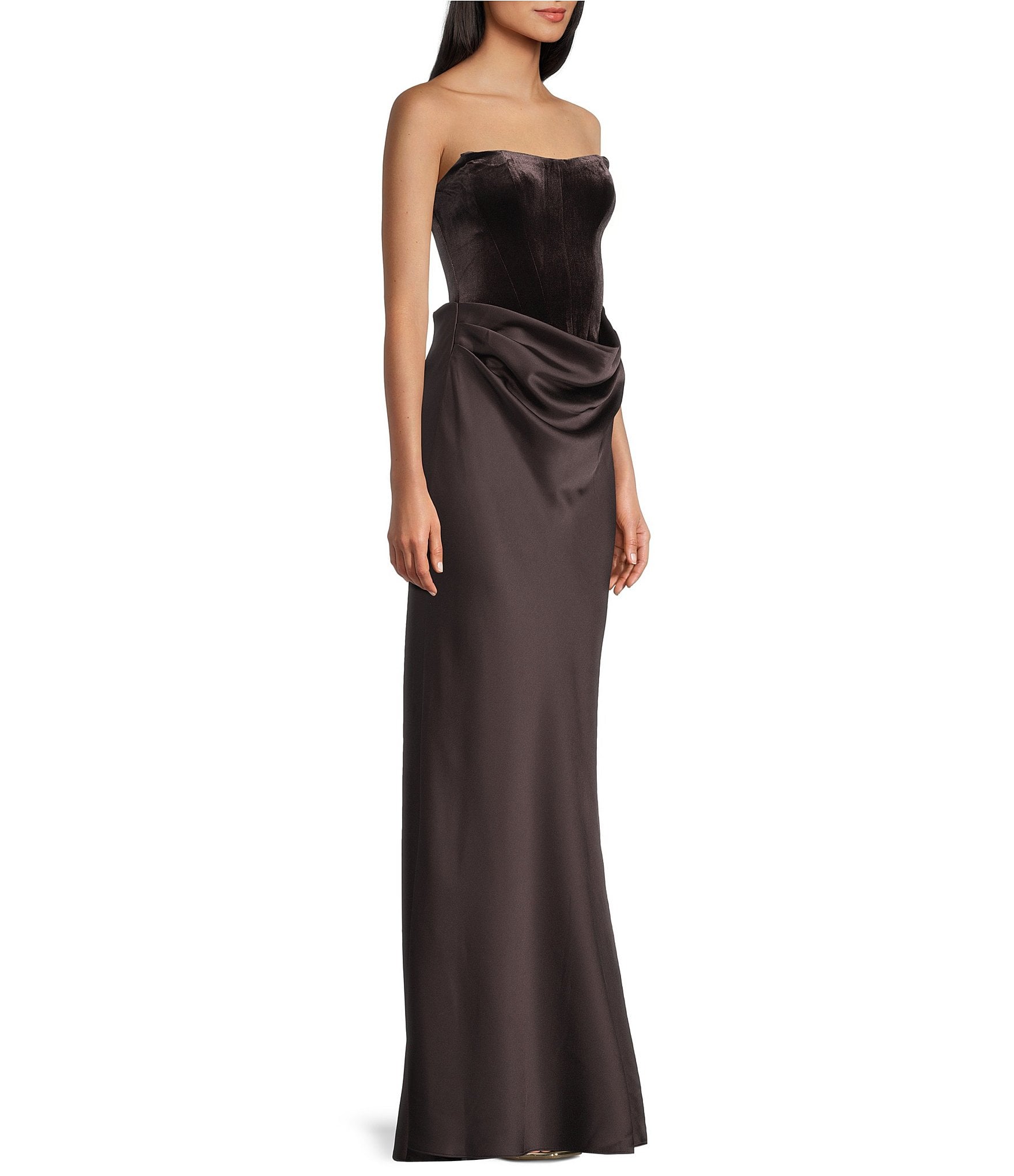 B. Darlin Strapless Velvet Corseted Satin Drape Front Dress
