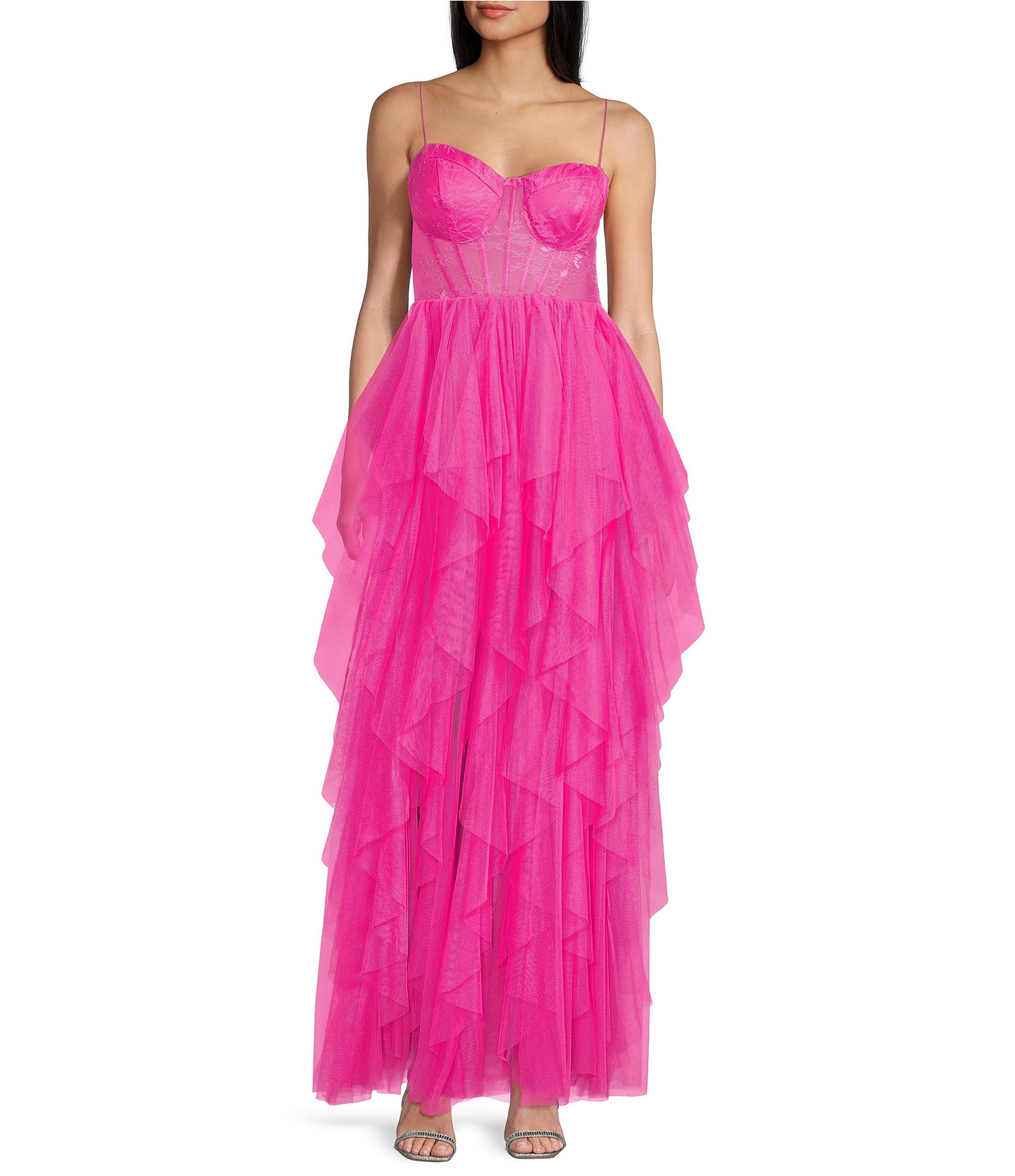 Blondie Nites Front Cut-Out Sweetheart Neck Ruffled Tulle Tiered Ball Gown