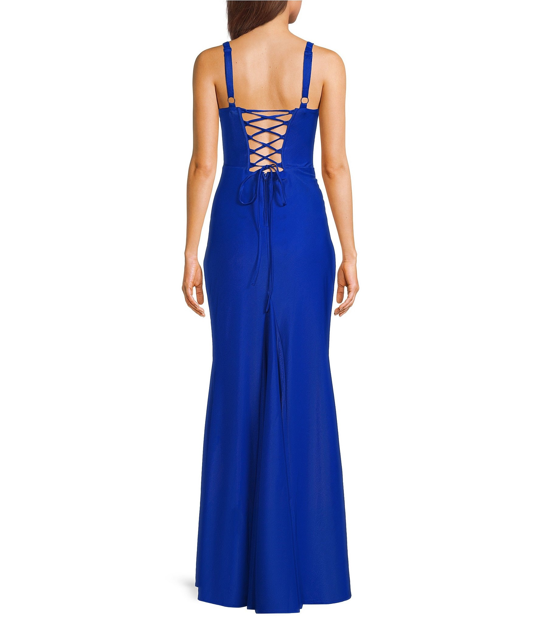 B. Darlin V-Neck Corseted Pleated Front Lace-Up-Back Dress