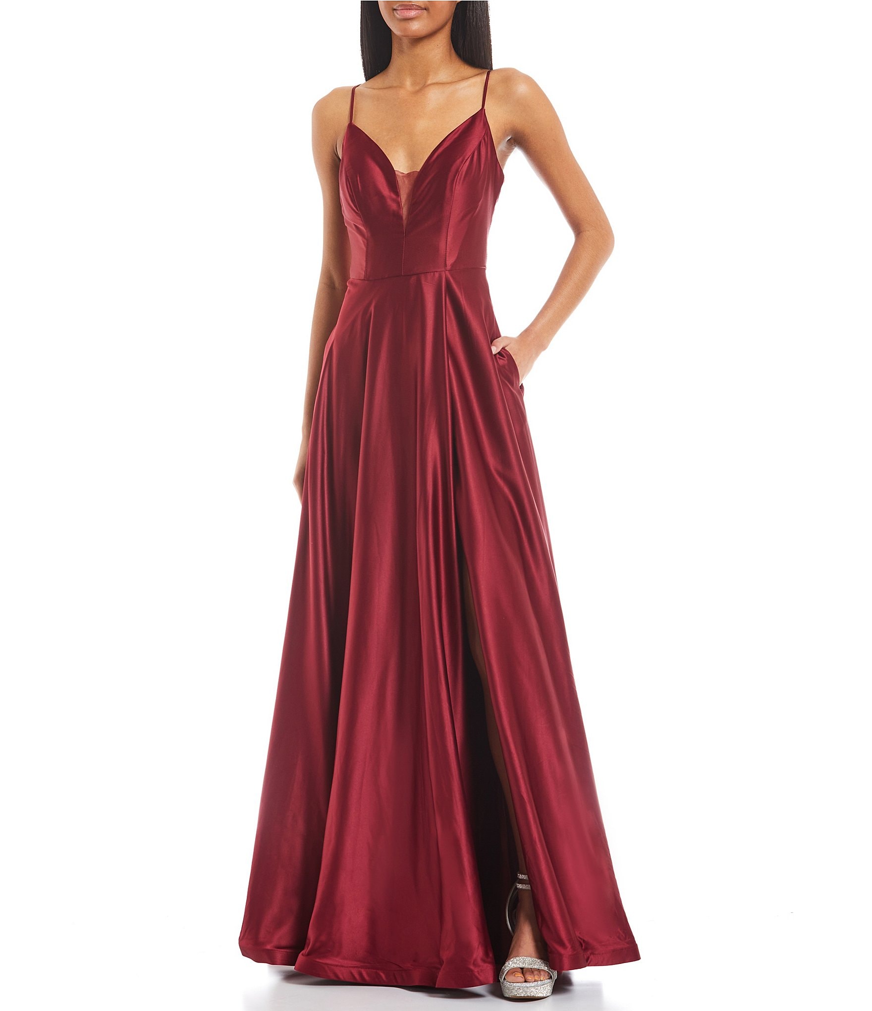 B. Darlin V-Neck Scoop Back Long Satin Dress | Dillard's