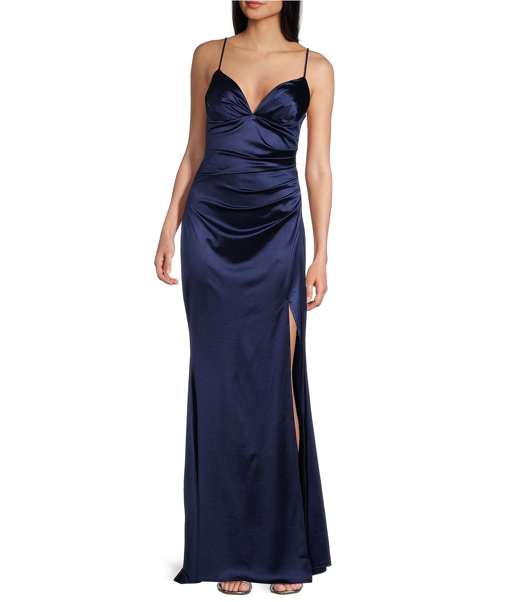 B. Darlin V-Neck Shirred Front Slit Long Satin Dress | Dillard's