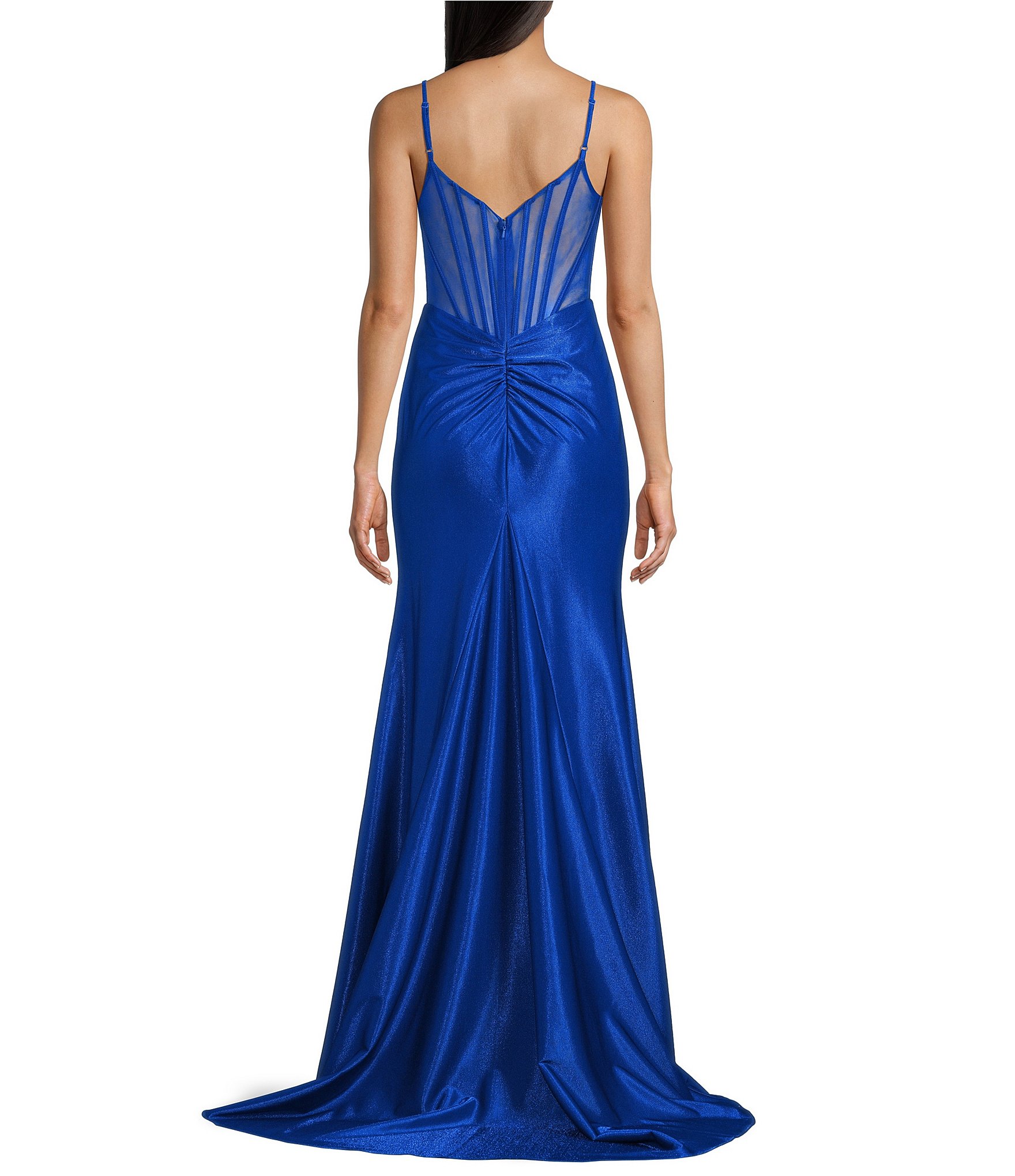 B. Darlin V-Neck Stone Embellished Illusion Corseted Side Slit Long Dress