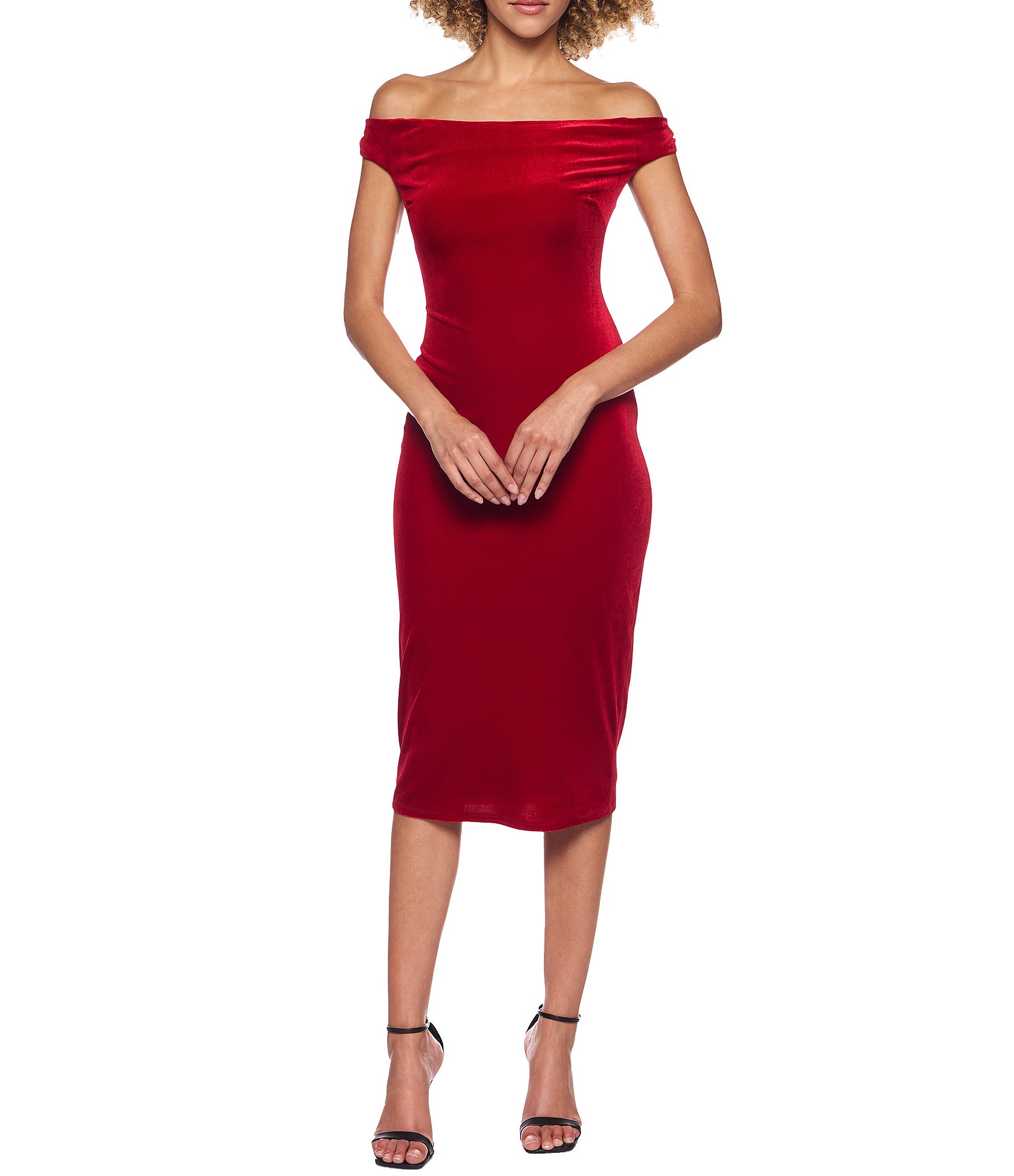 B. Darlin Velvet Off Shoulder Bodycon Midi Dress
