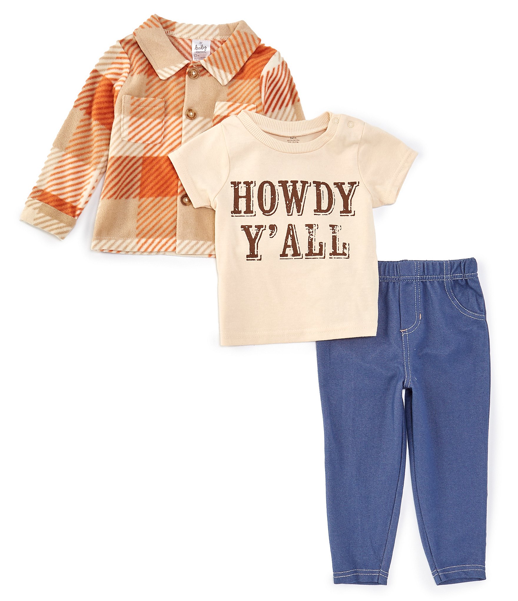 Baby Starters Baby Boys 12-24 Months Long Sleeve Plaid Jacket, Short Sleeve Howdy Ya'll T-Shirt & Denim-Look Knit Pant Set