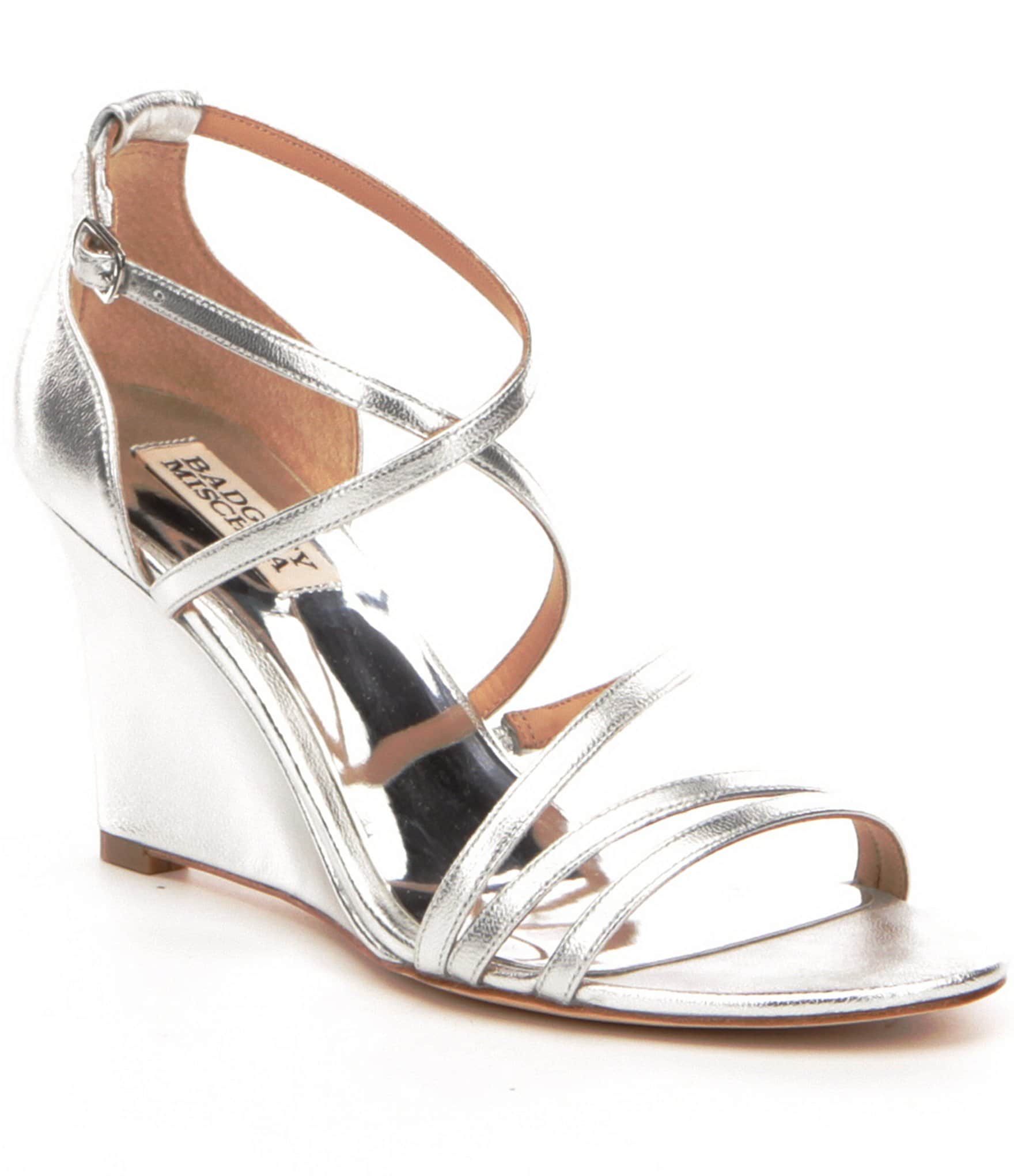 Badgley Mischka Bonanza Metallic Leather Banded Wedge Dress Sandals | Dillards