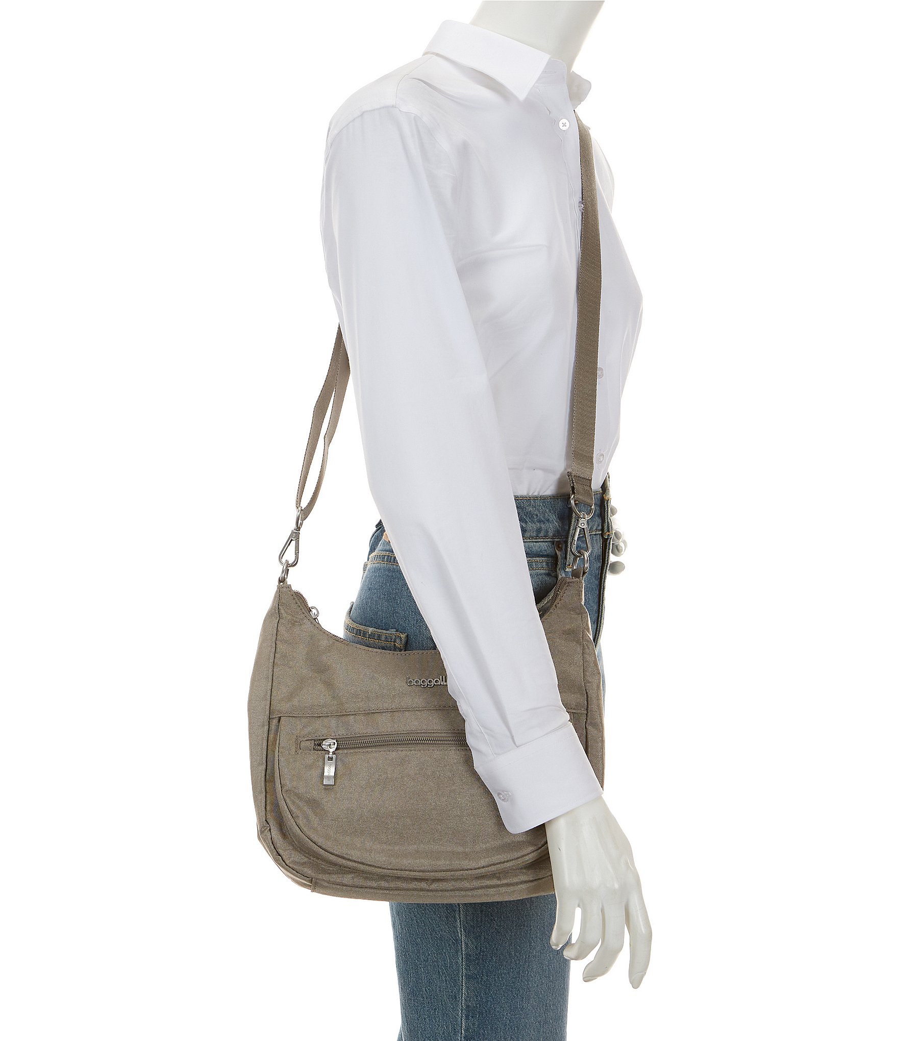 Baggallini Modern Pocket Half-Moon Silver Metal Crossbody Bag