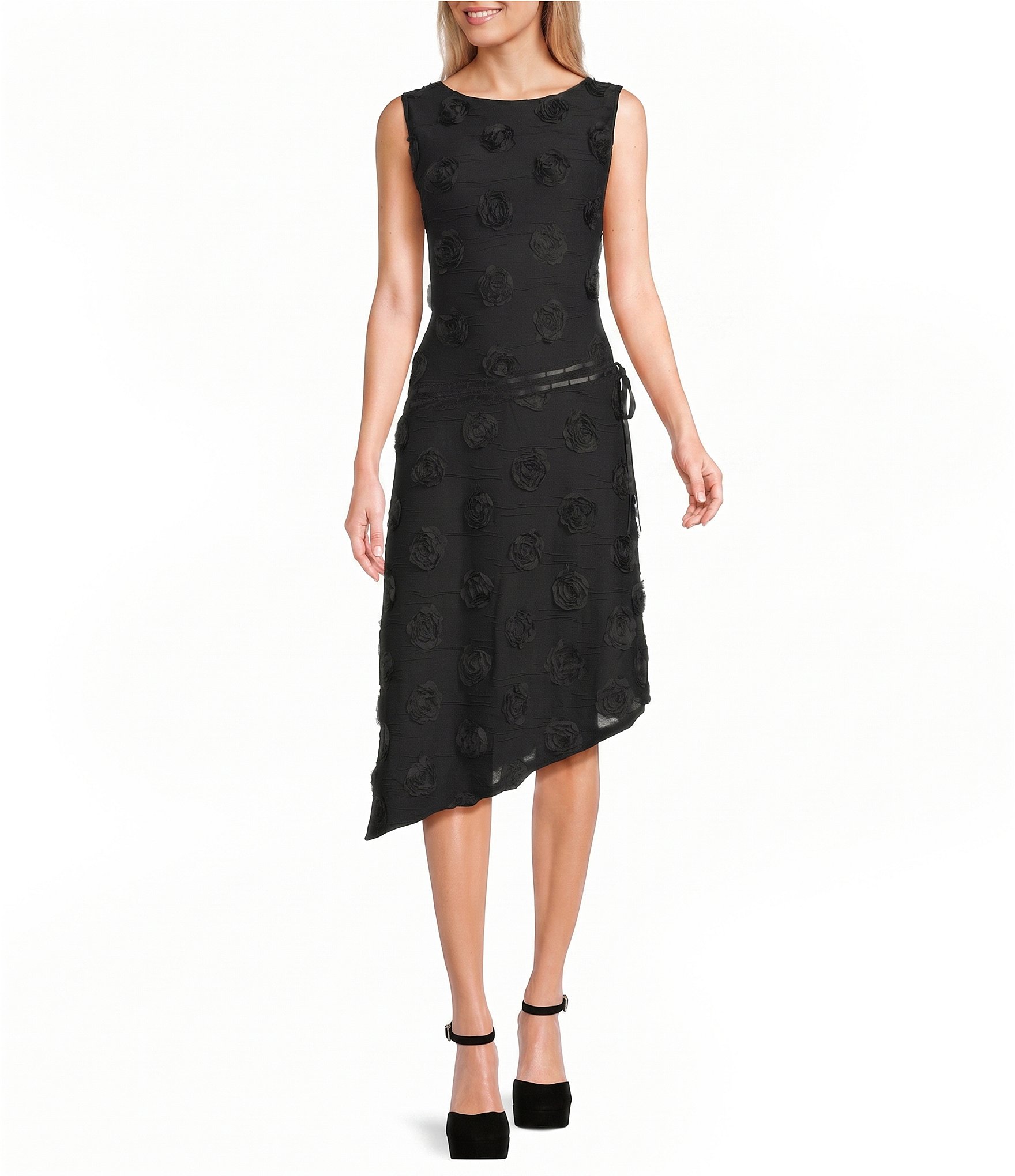 Bailey Rose Rosette Sleeveless Asymmetrical Hem Midi Dress