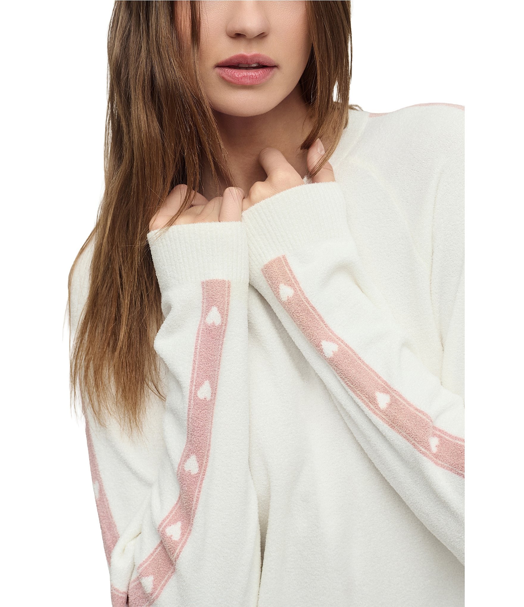 Barefoot Dreams CozyChic Ultra Lite Knit Long Sleeve Crew Neck Heart Stripe Coordinating Pullover