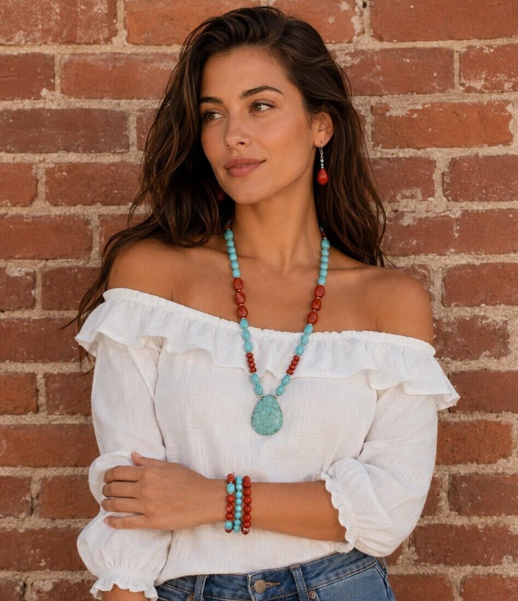 Barse Red Canyon Collection Silver, Jasper and Magnesite Long Pendant Necklace