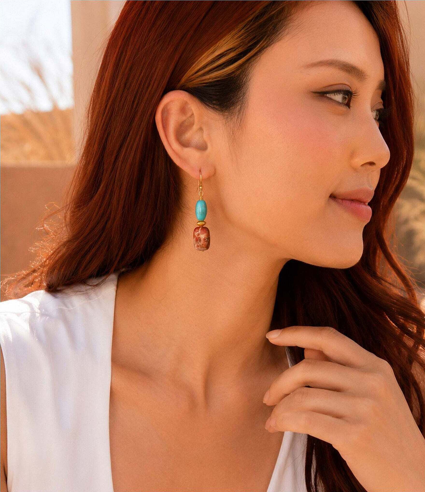 Barse Adobe Sunset Golden And Genuine Stone Drop Earrings