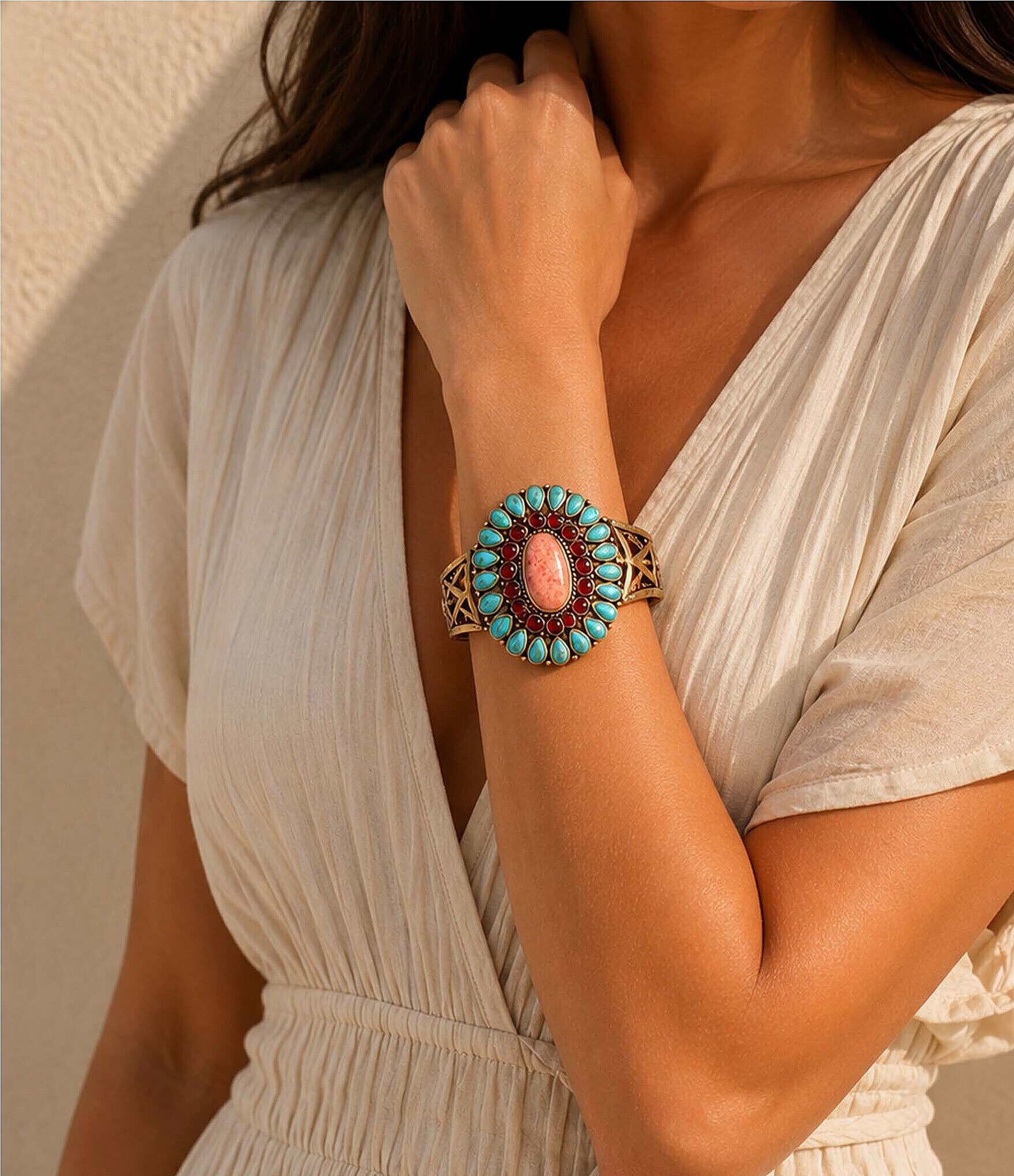 Barse Adobe Sunset Golden and Genuine Stone Statement Cuff Bracelet