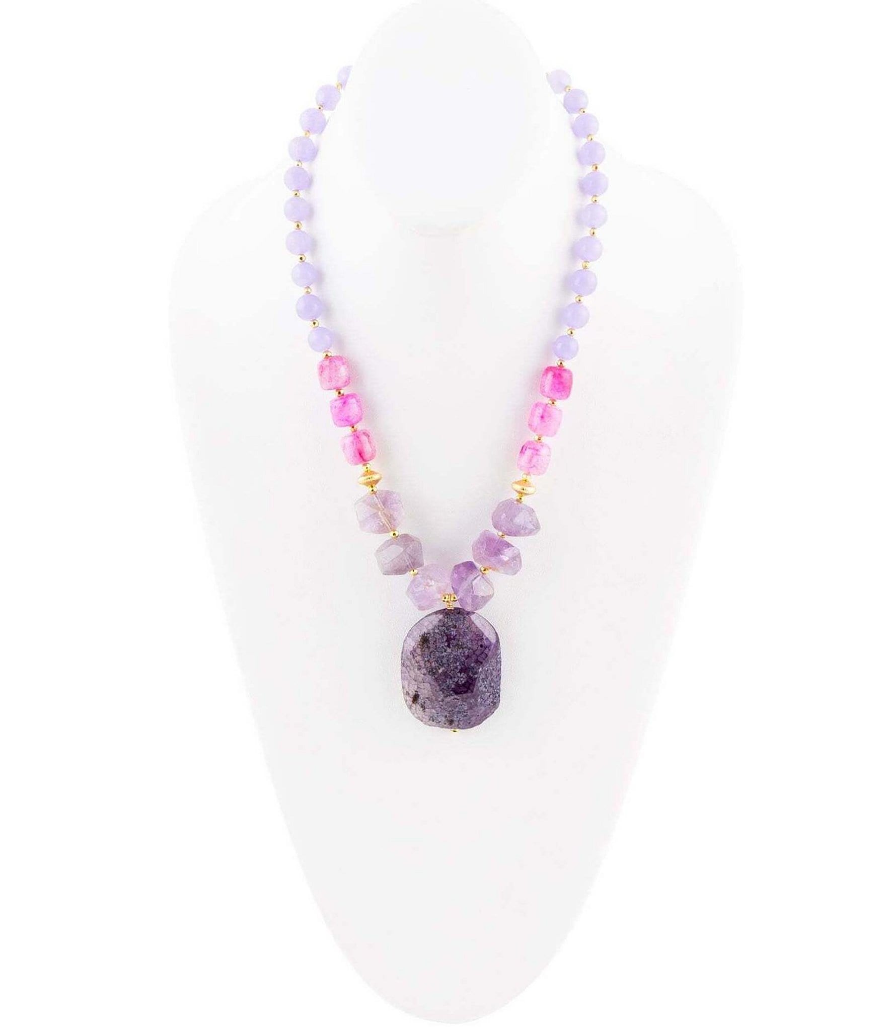 Barse Amethyst and Agate Genuine Stone Short Pendant Necklace