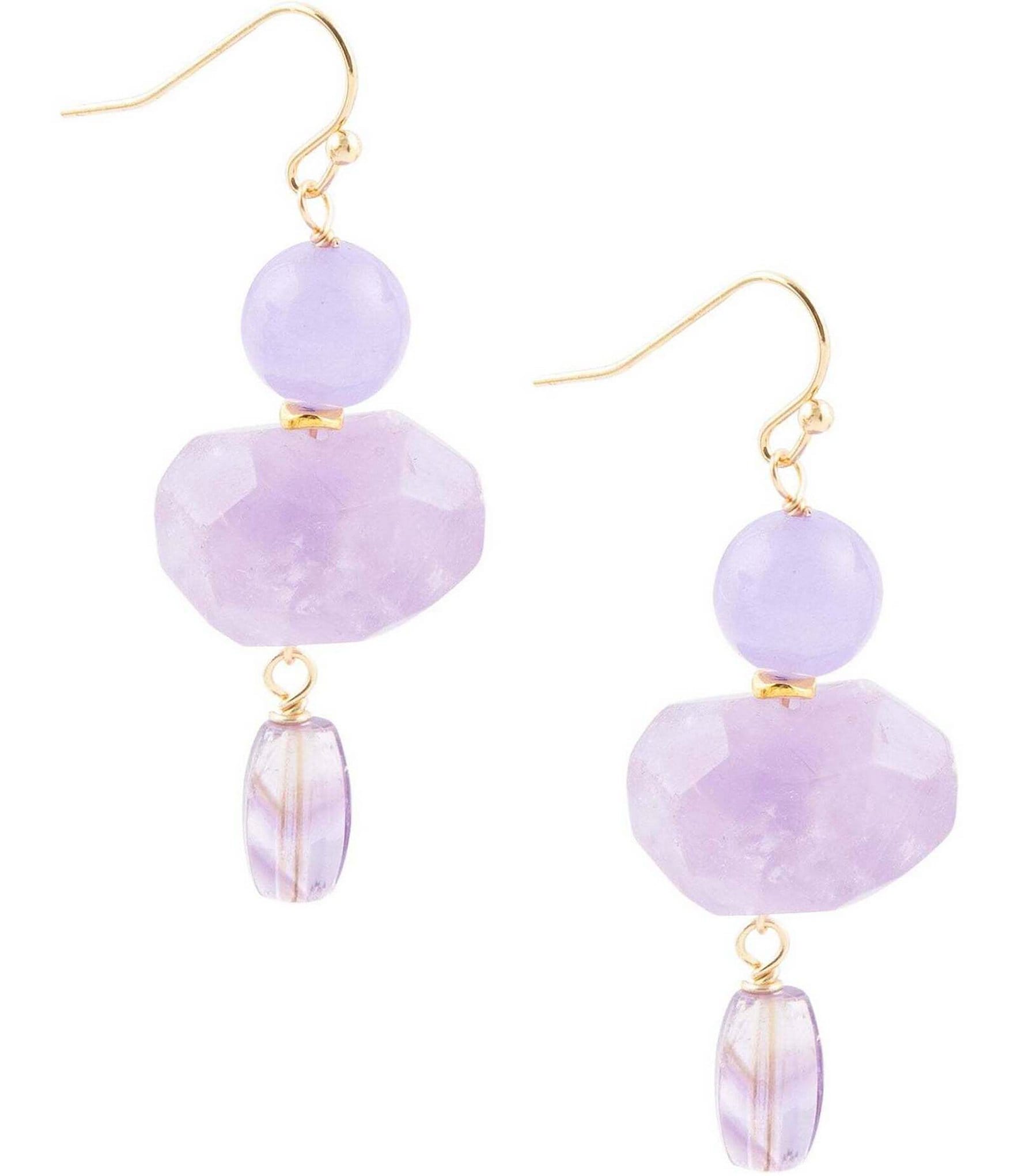 Barse Amethyst and Jade Genuine Stone Drop Earrings