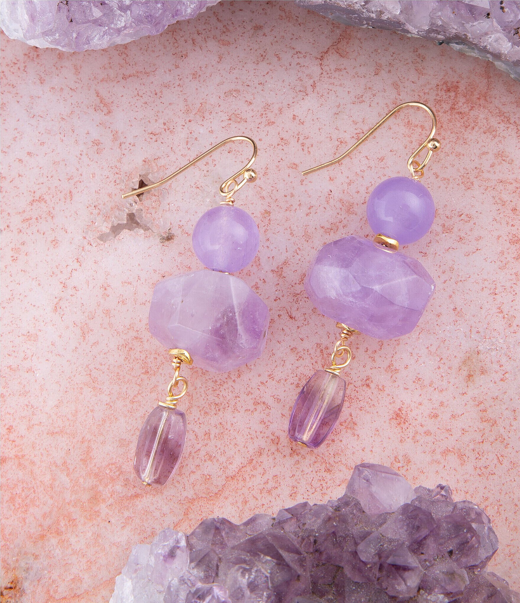 Barse Amethyst and Jade Genuine Stone Drop Earrings