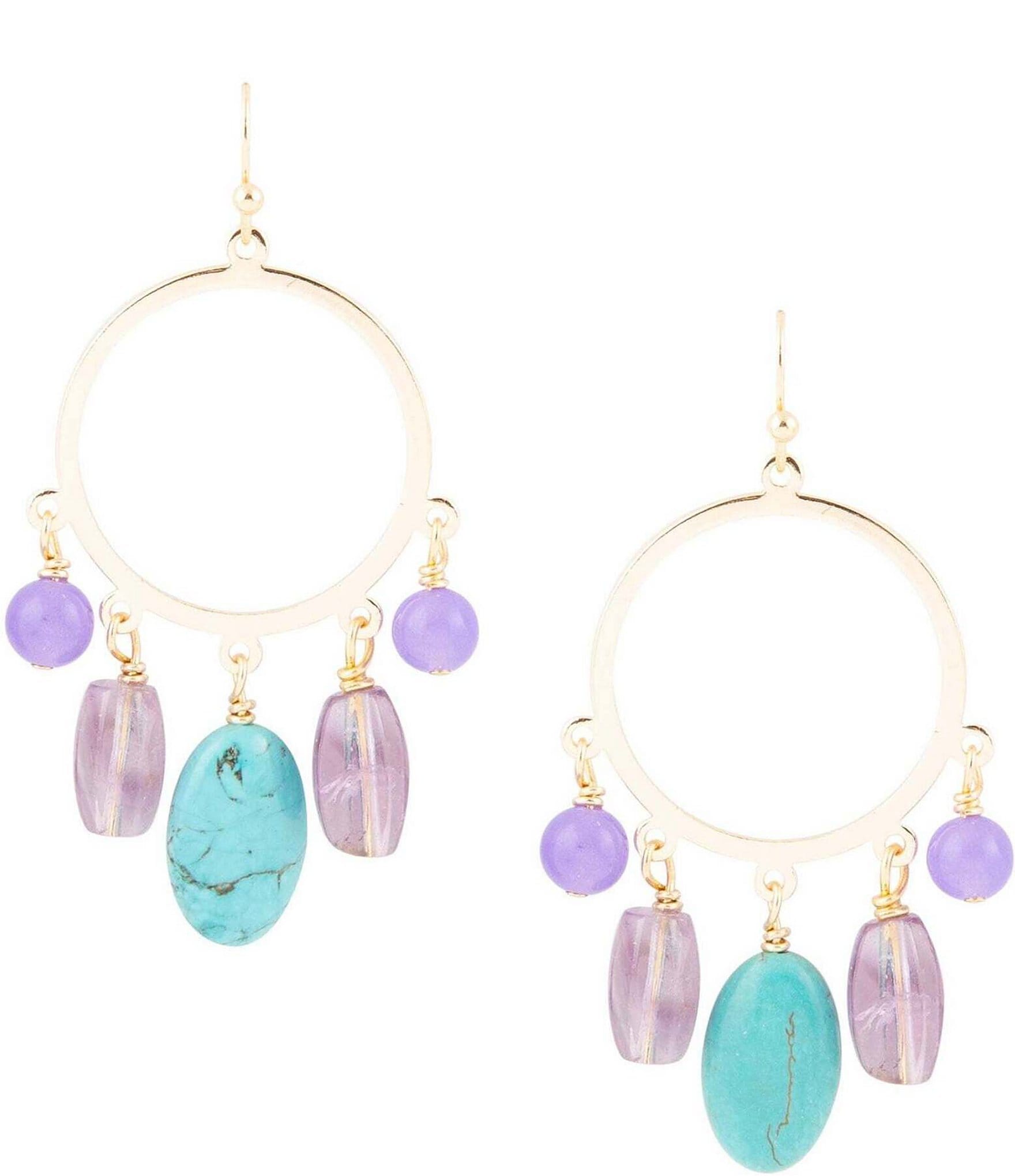 Barse Amethyst, Jade and Magnesite Genuine Stone Chandelier Earrings