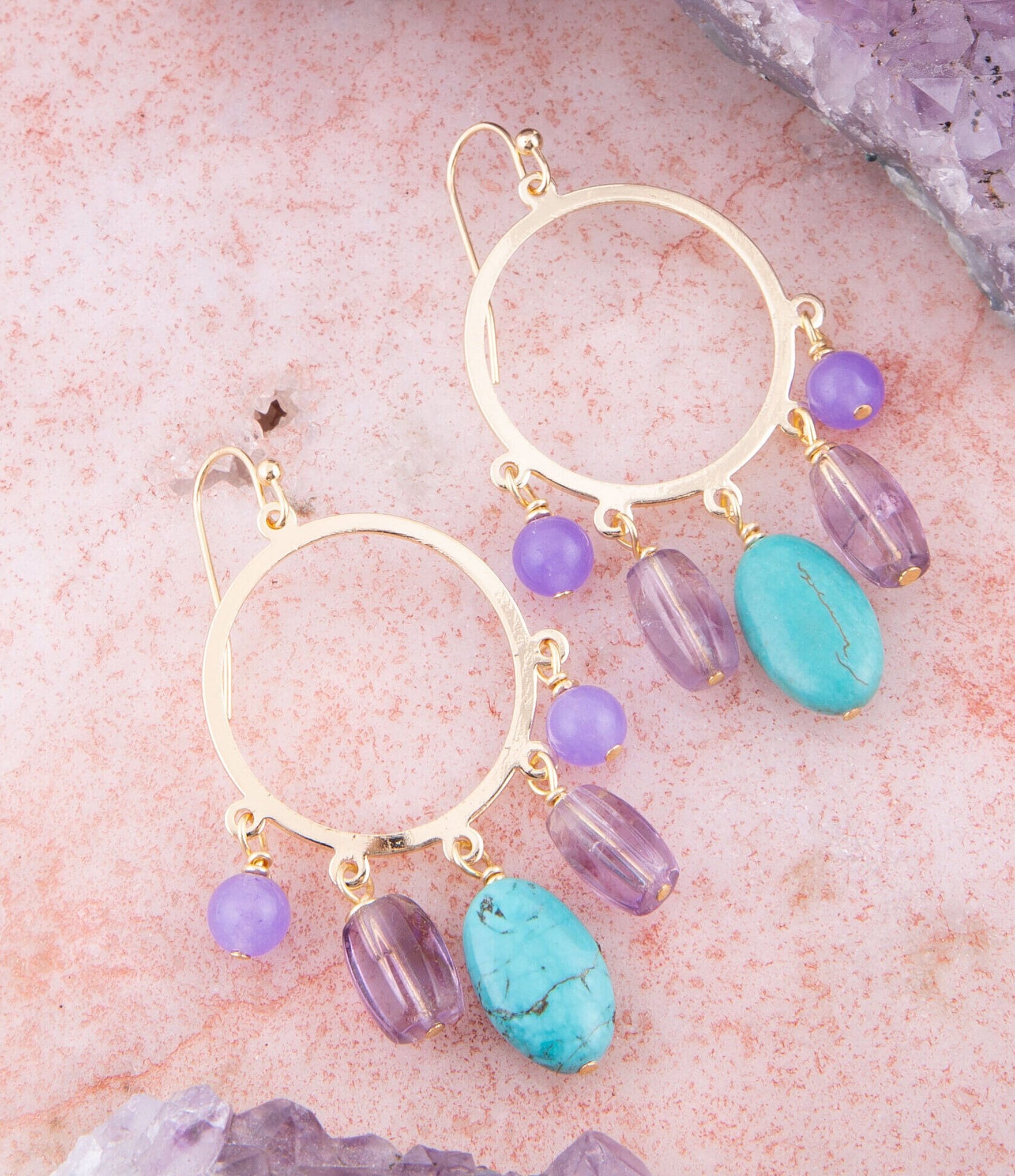 Barse Amethyst, Jade and Magnesite Genuine Stone Chandelier Earrings