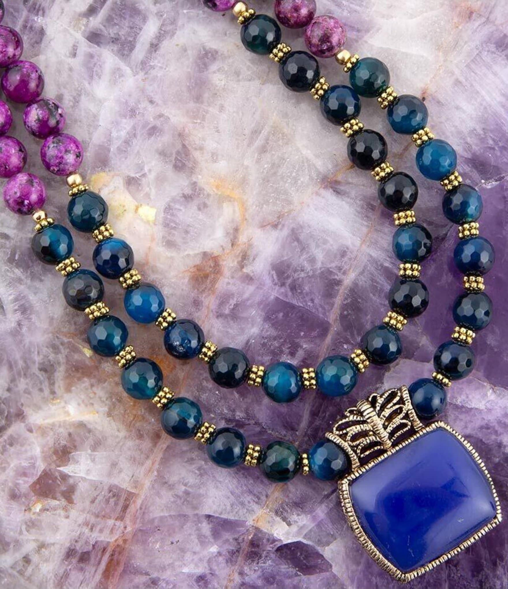 Barse Blue Agate and Purple Turquoise Short Pendant Necklace