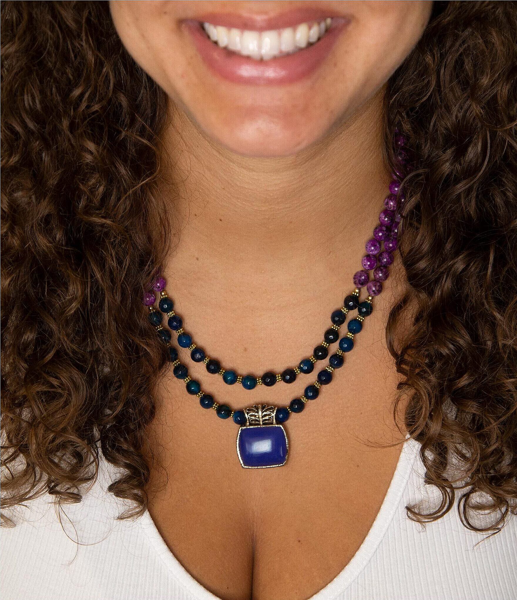 Barse Blue Agate and Purple Turquoise Short Pendant Necklace