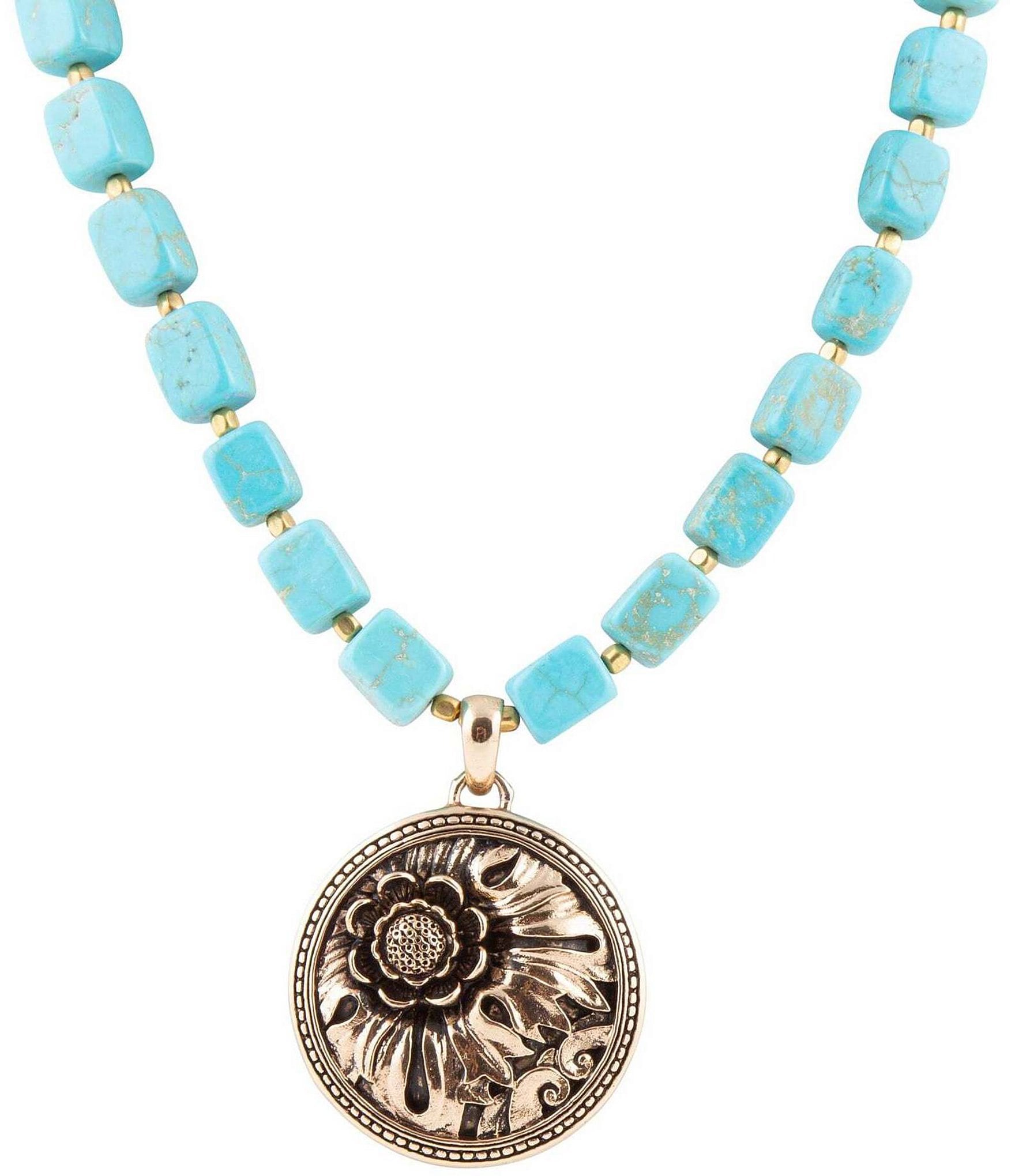 Barse Bronze & Genuine Turquoise Magnesite Stone Floral Short Pendant 17'' Necklace