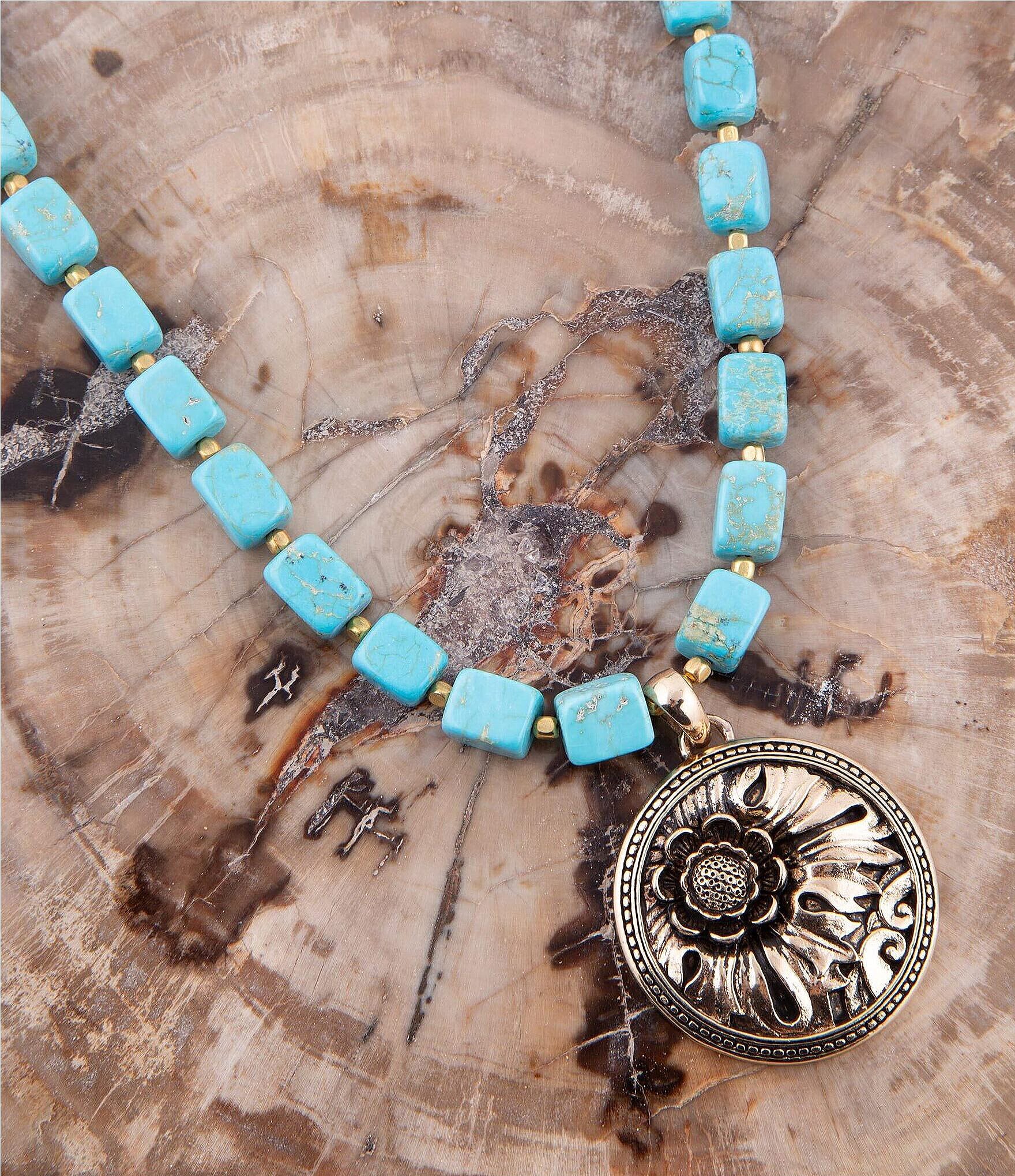 Barse Bronze & Genuine Turquoise Magnesite Stone Floral Short Pendant 17'' Necklace