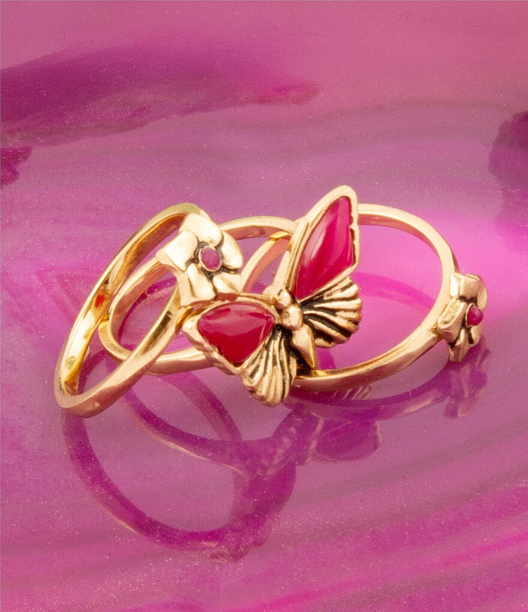 Barse Pink Fuchsia Agate Golden Butterfly Triple Ring Set