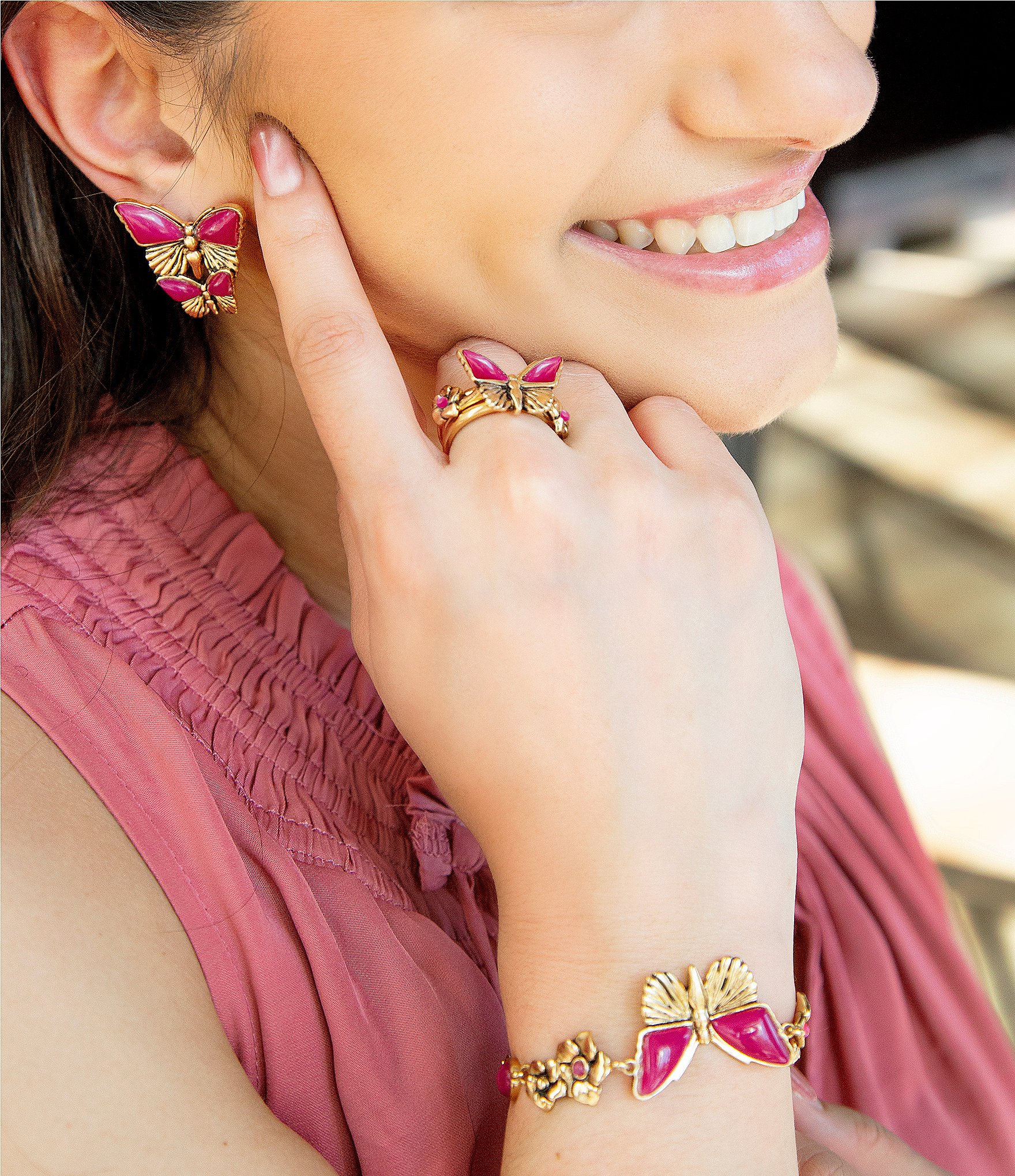 Barse Pink Fuchsia Agate Golden Butterfly Triple Ring Set