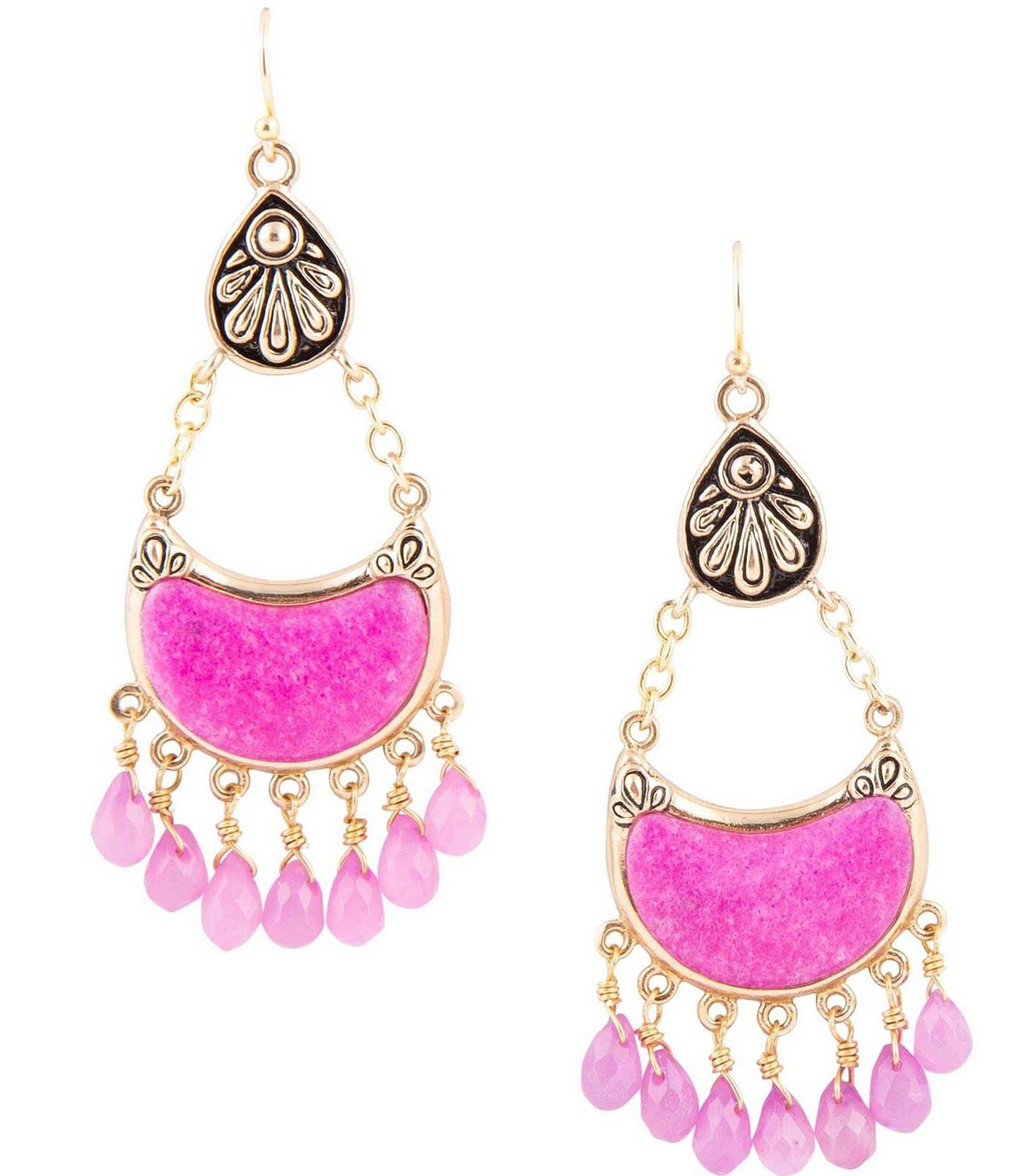 Barse Bronze and Fuchsia Agate Genuine Stone Chandelier Earrings