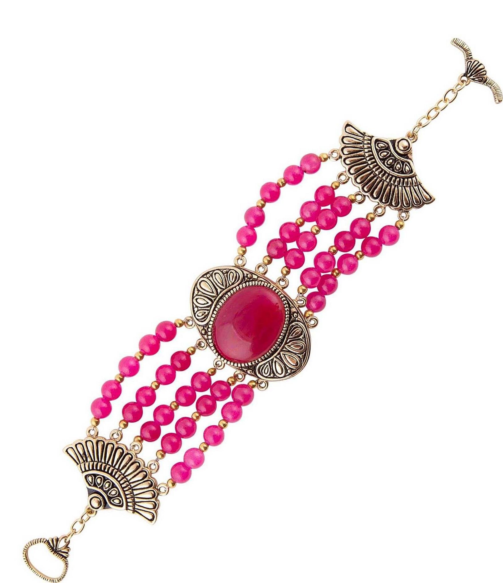 Barse Bronze and Fuchsia Agate Genuine Stone Toggle Statement Line Bracelet