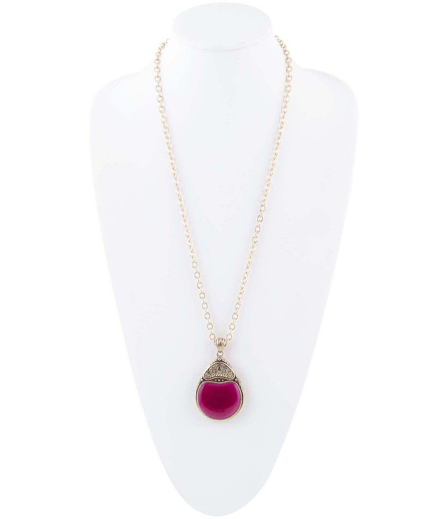 Barse Bronze and Genuine Fuchsia Agate Long Pendant Necklace