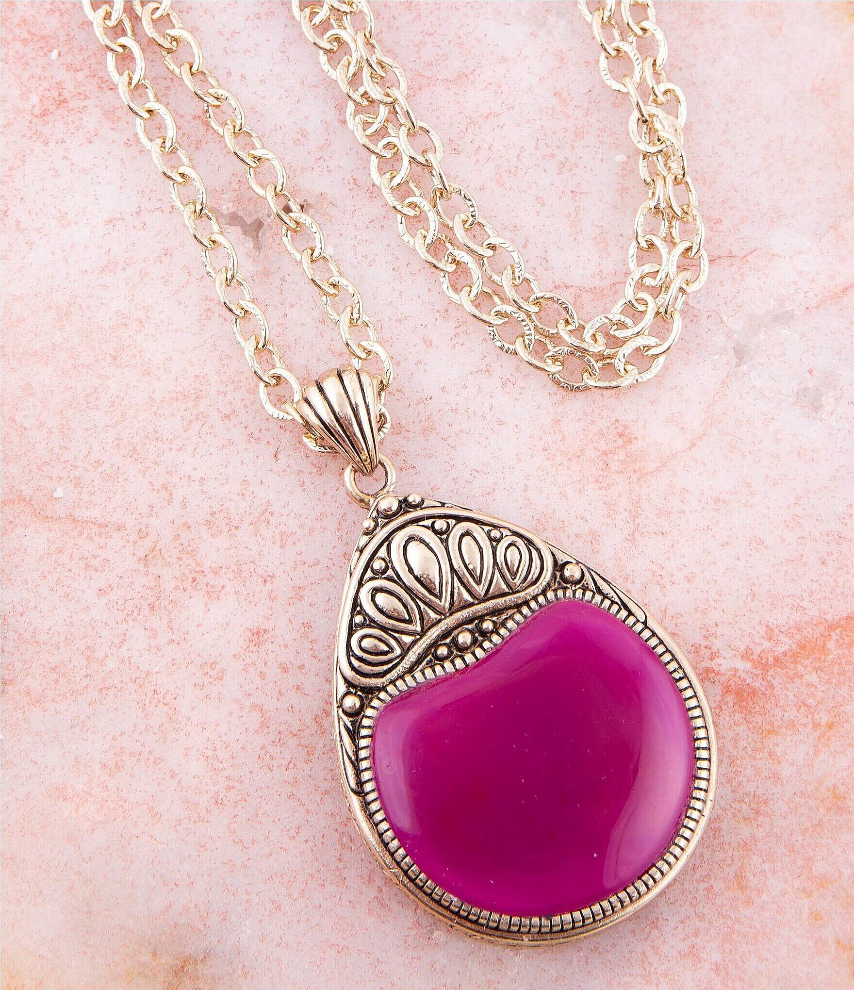 Barse Bronze and Genuine Fuchsia Agate Long Pendant Necklace