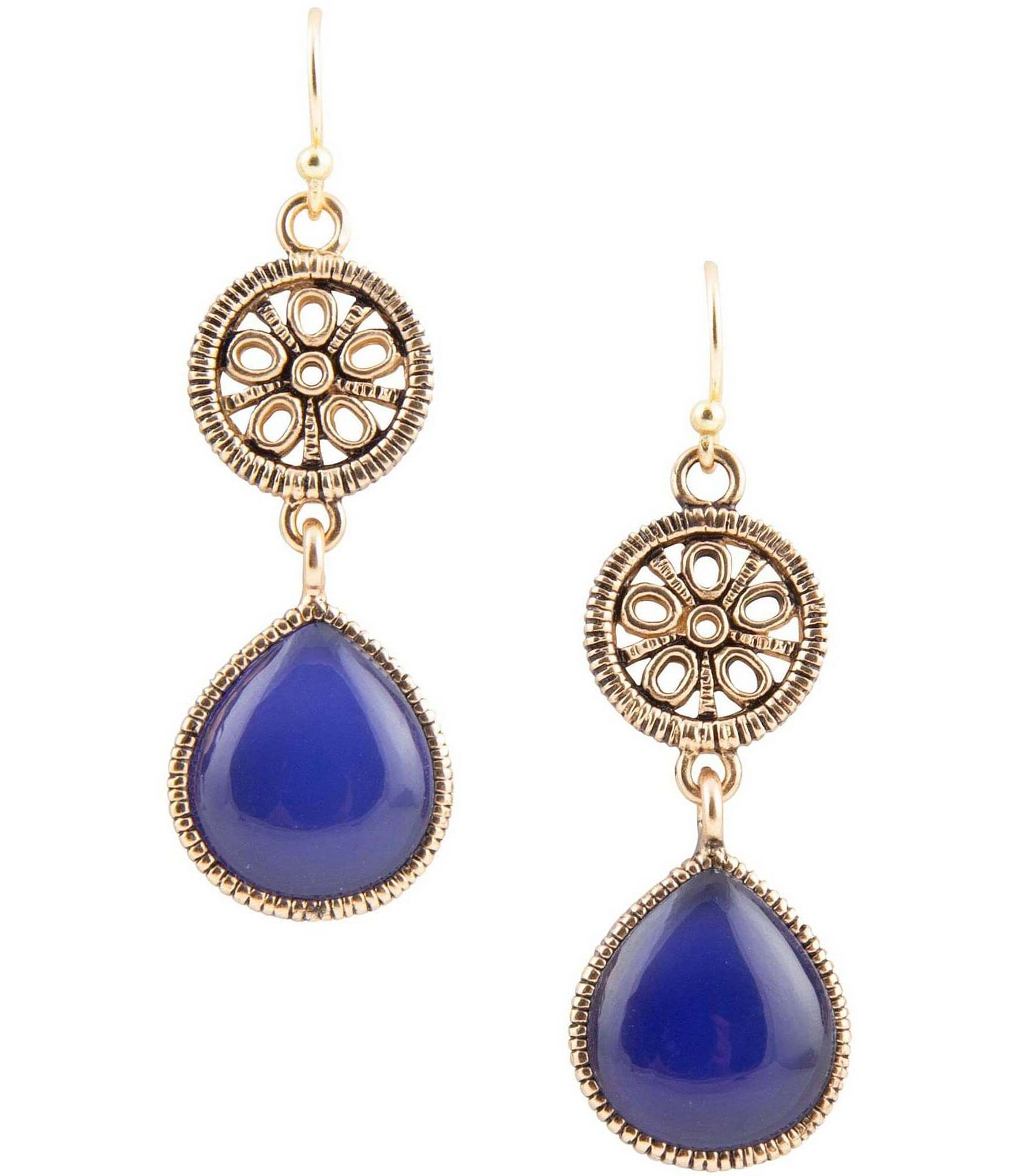 Barse Bronze and Genuine Blue Agate Teardrop Drop Earrings