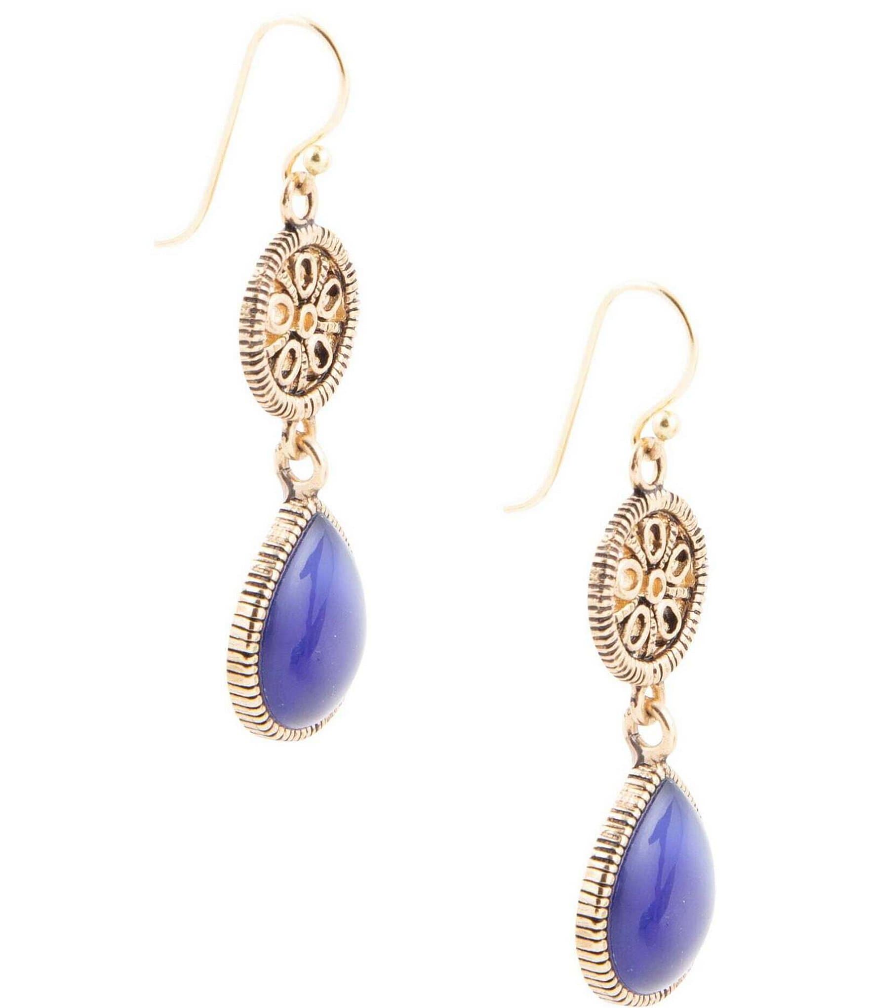 Barse Bronze and Genuine Blue Agate Teardrop Drop Earrings