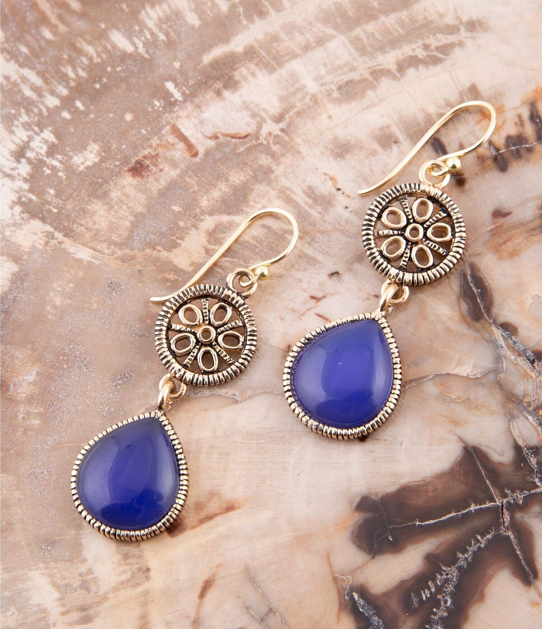 Barse Bronze and Genuine Blue Agate Teardrop Drop Earrings