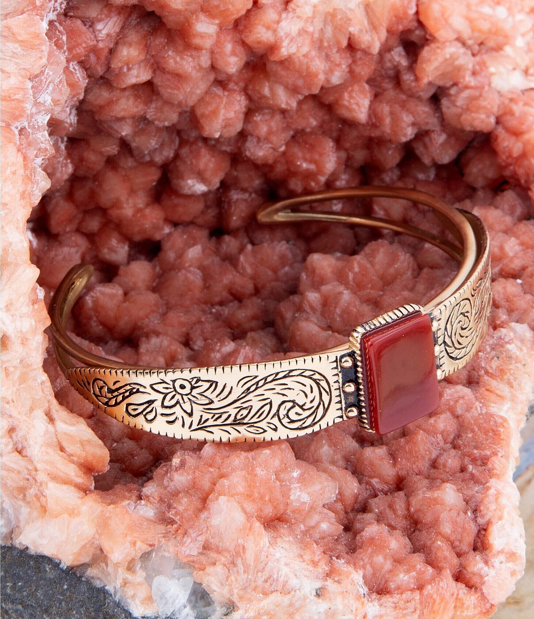 Barse Stamped Orange Carnelian Golden Cuff Bracelet