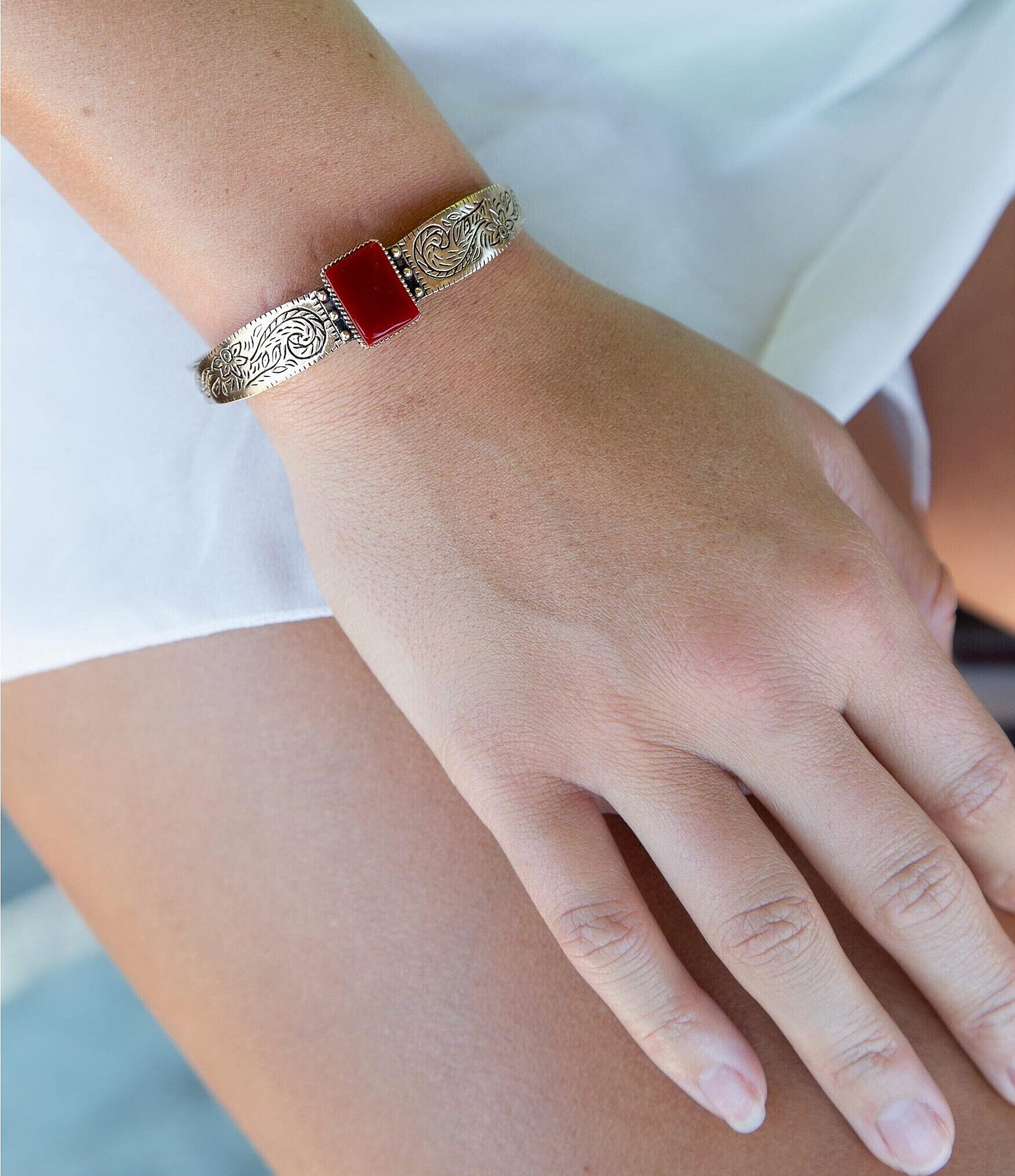 Barse Stamped Orange Carnelian Golden Cuff Bracelet