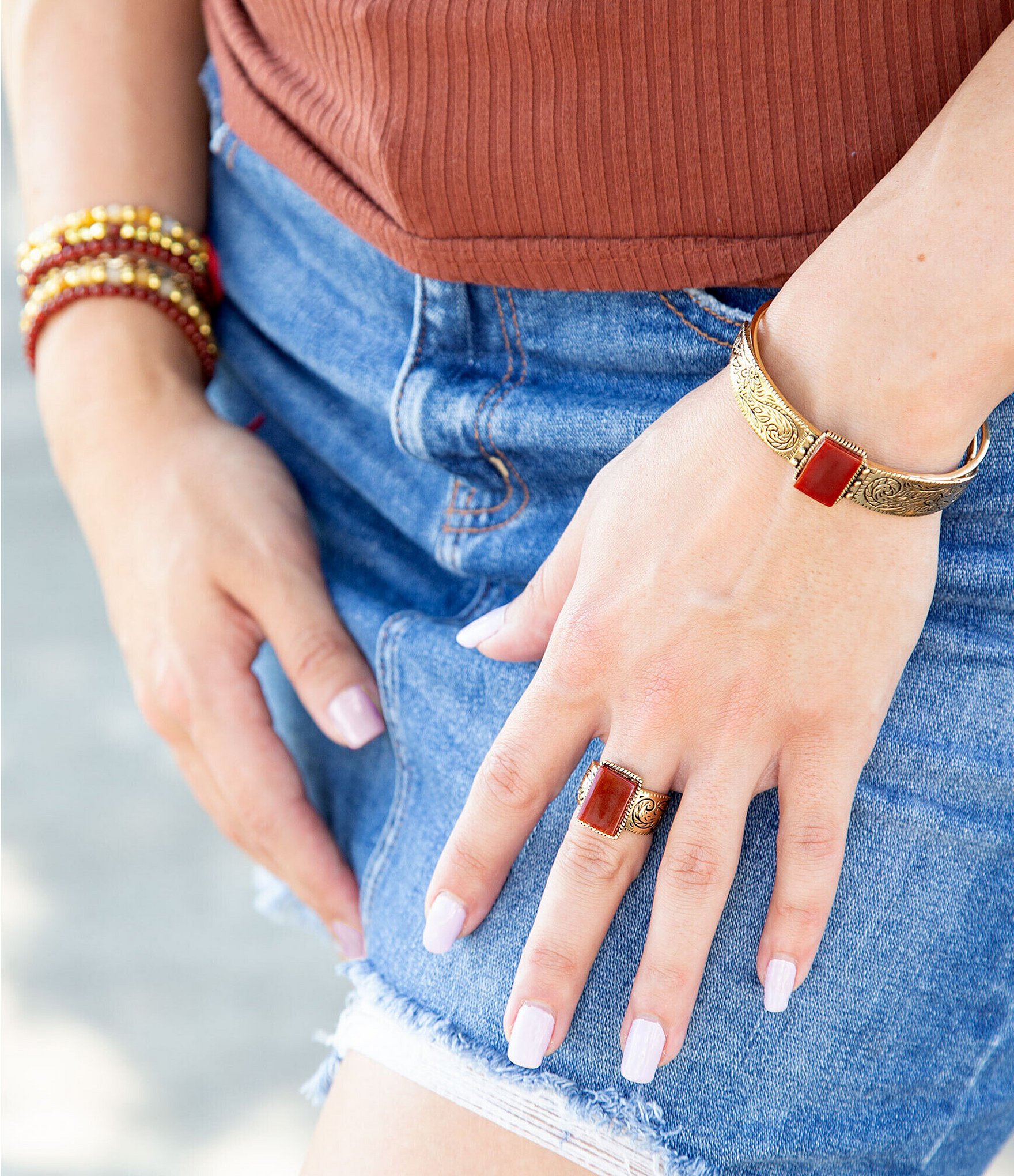 Barse Stamped Orange Carnelian Golden Cuff Bracelet