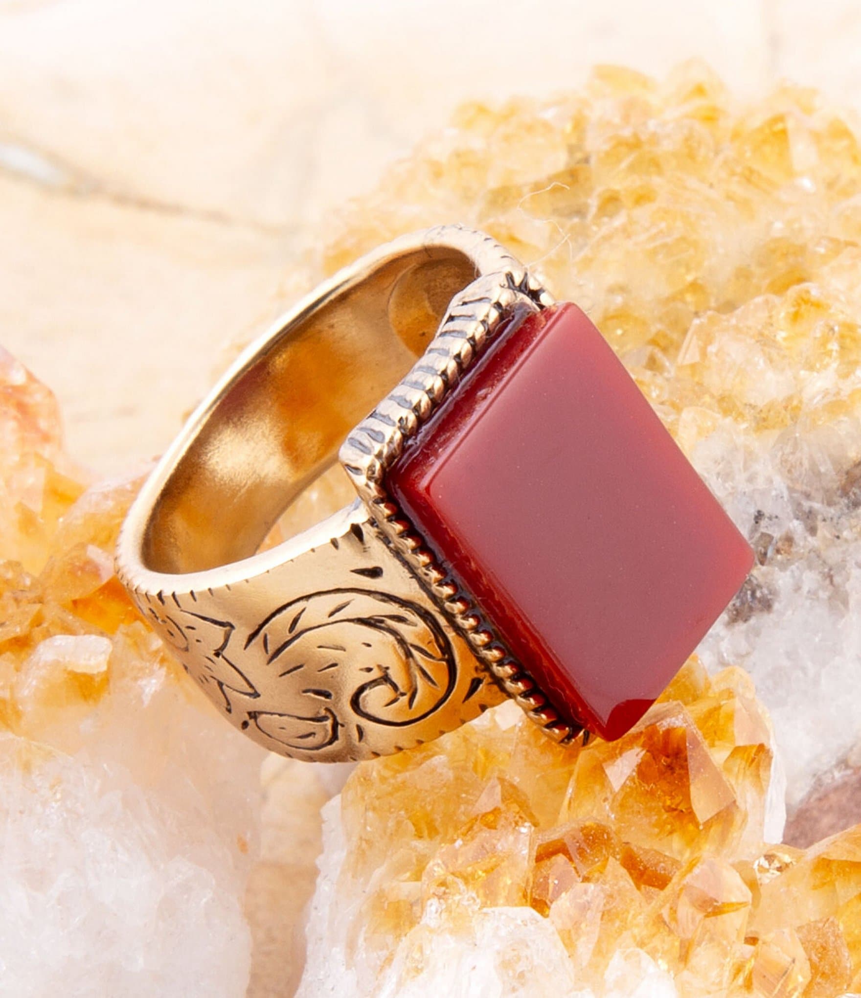 Barse Stamped Orange Carnelian Golden Ring