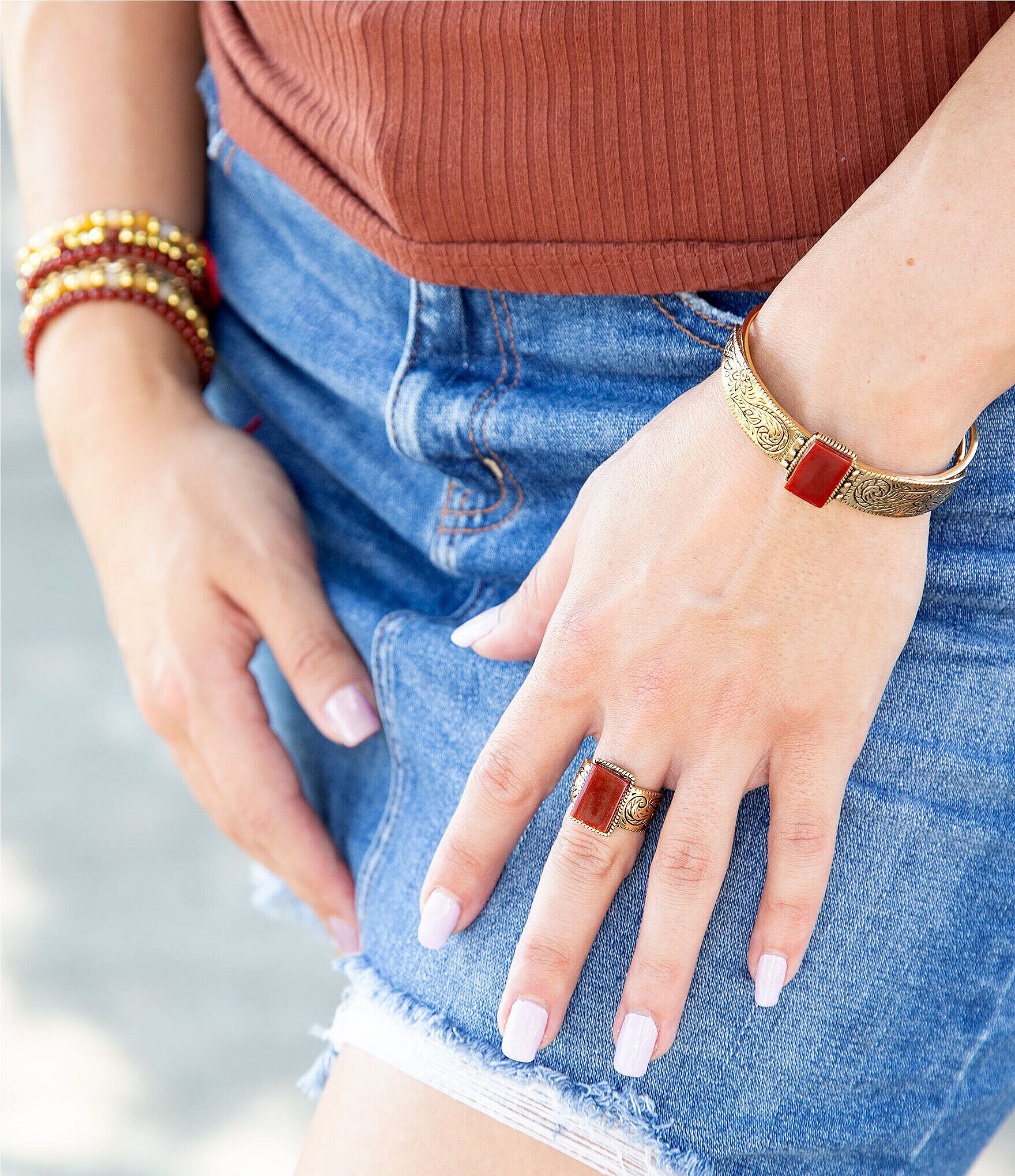 Barse Stamped Orange Carnelian Golden Ring