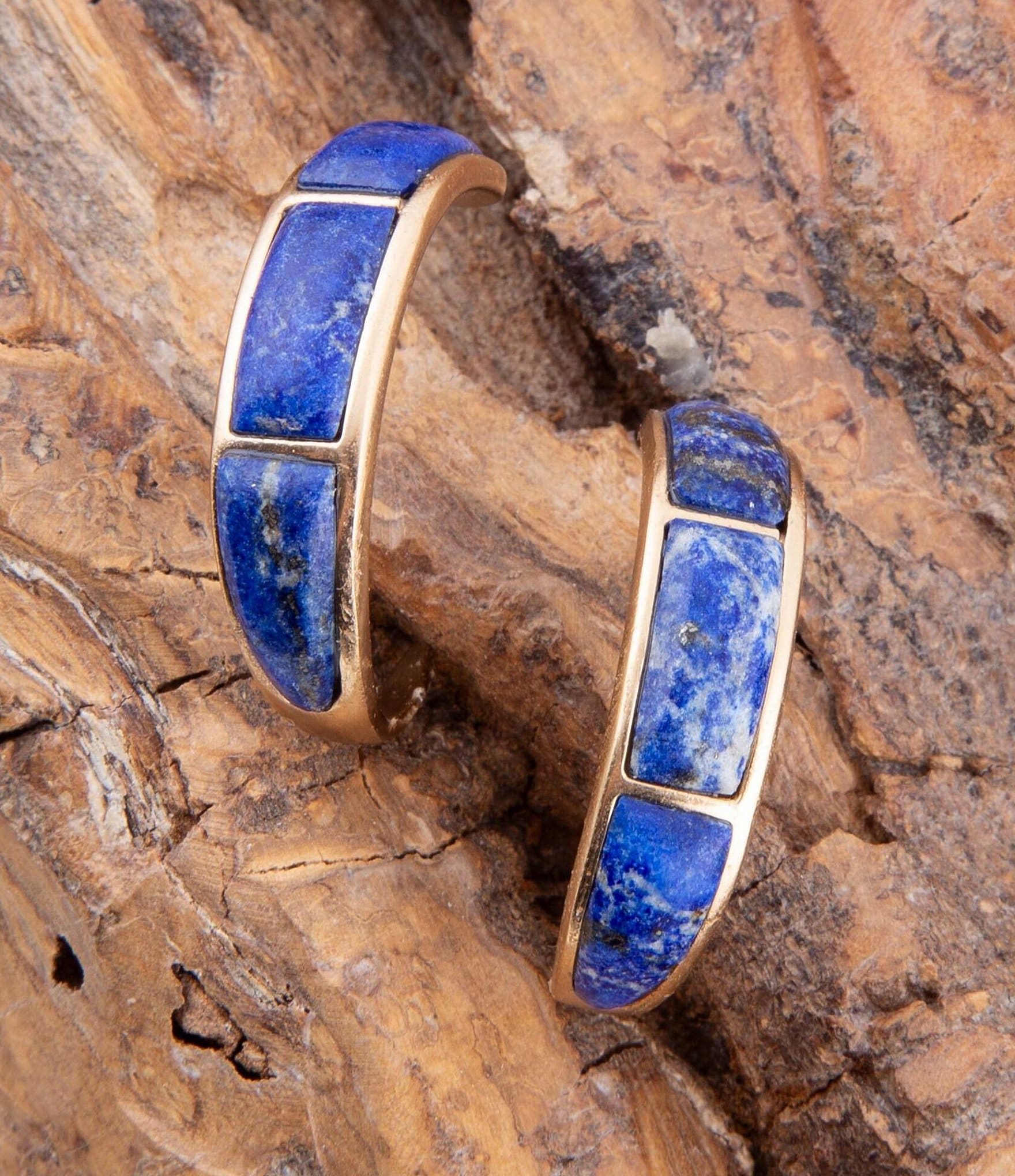 Barse Bronze and Genuine Lapis Hoop Earrings