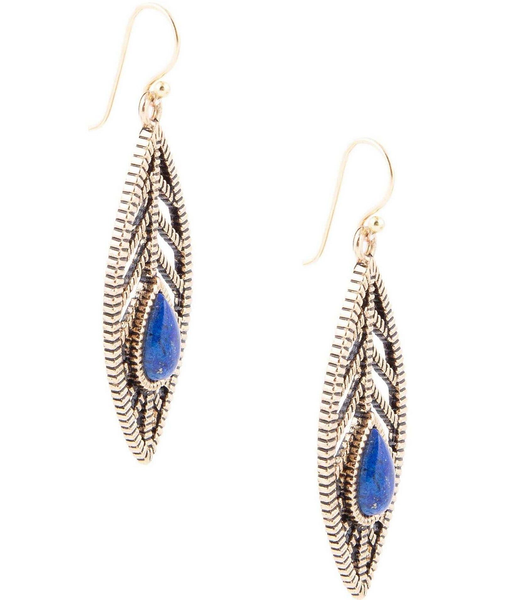 Barse Bronze and Genuine Lapis Stone Leaf Drop Earrings