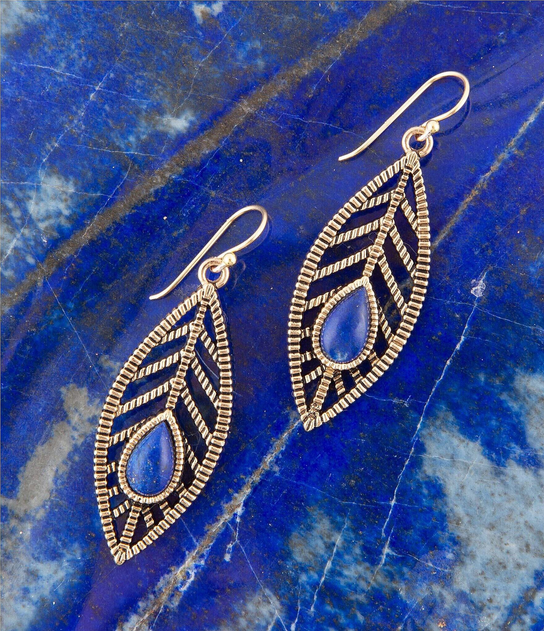 Barse Bronze and Genuine Lapis Stone Leaf Drop Earrings