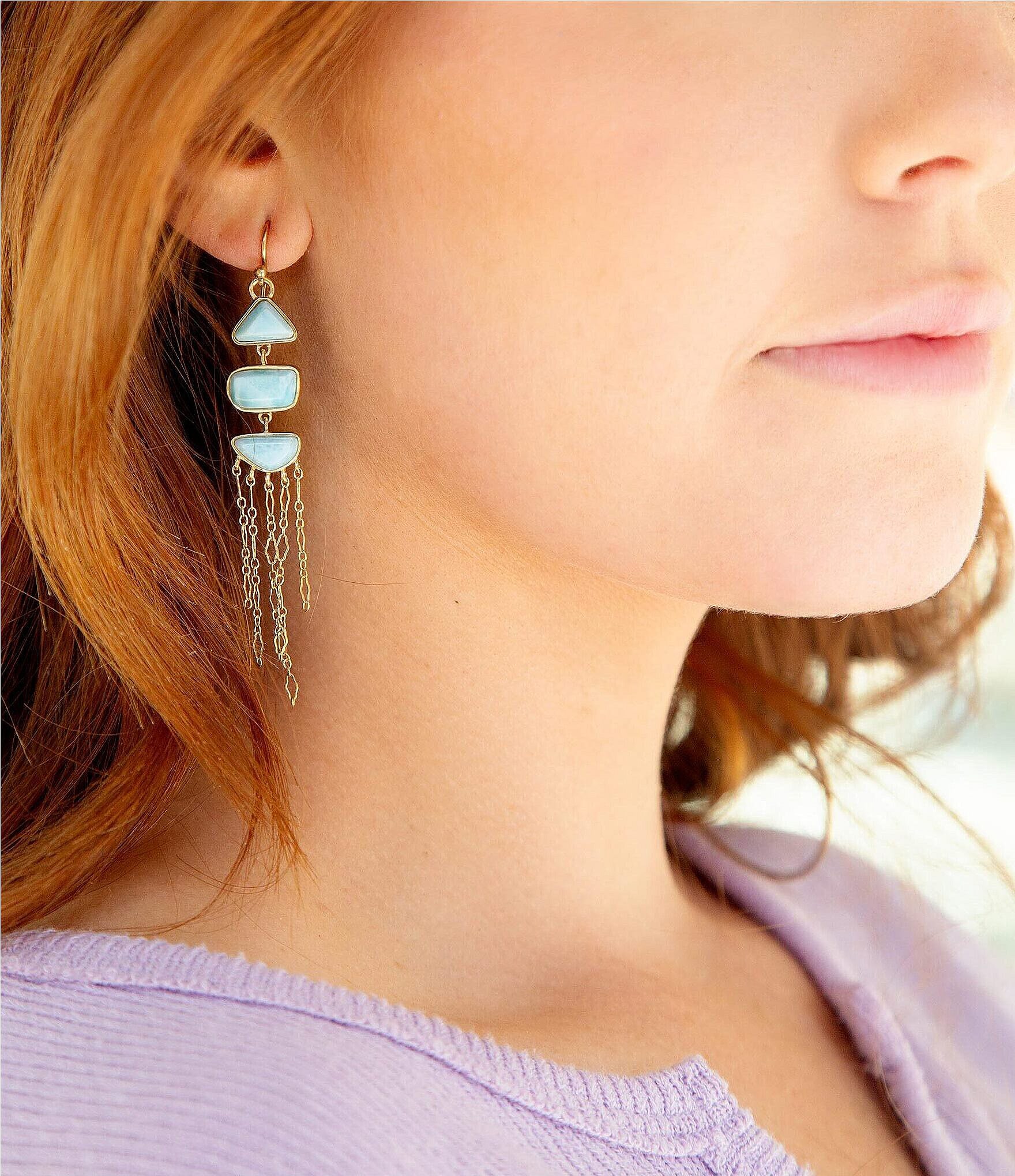 Barse Bronze and Genuine Larimar Stone Linear Earrings