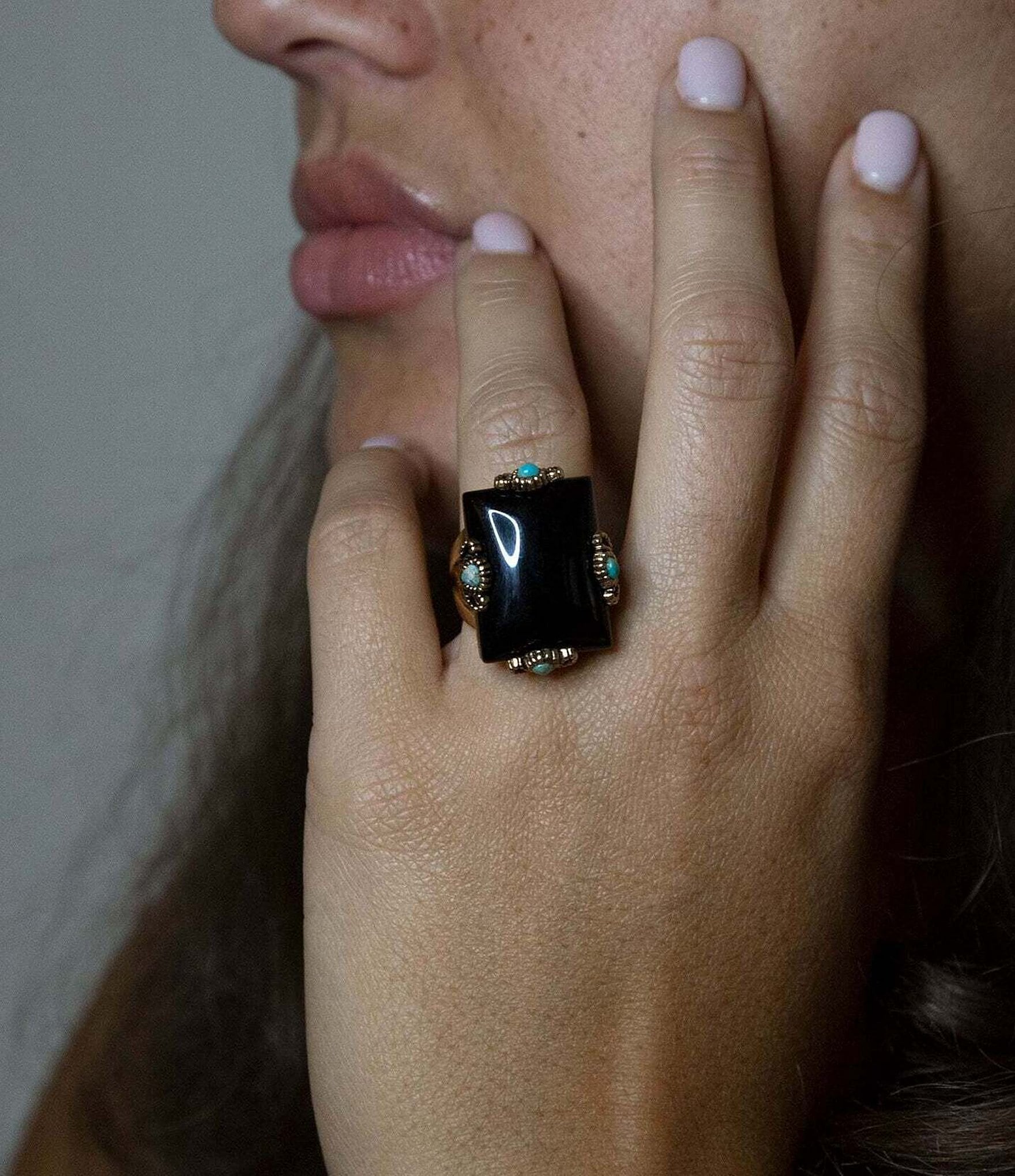 Barse Bronze and Genuine Onyx and Turquoise Statement Ring