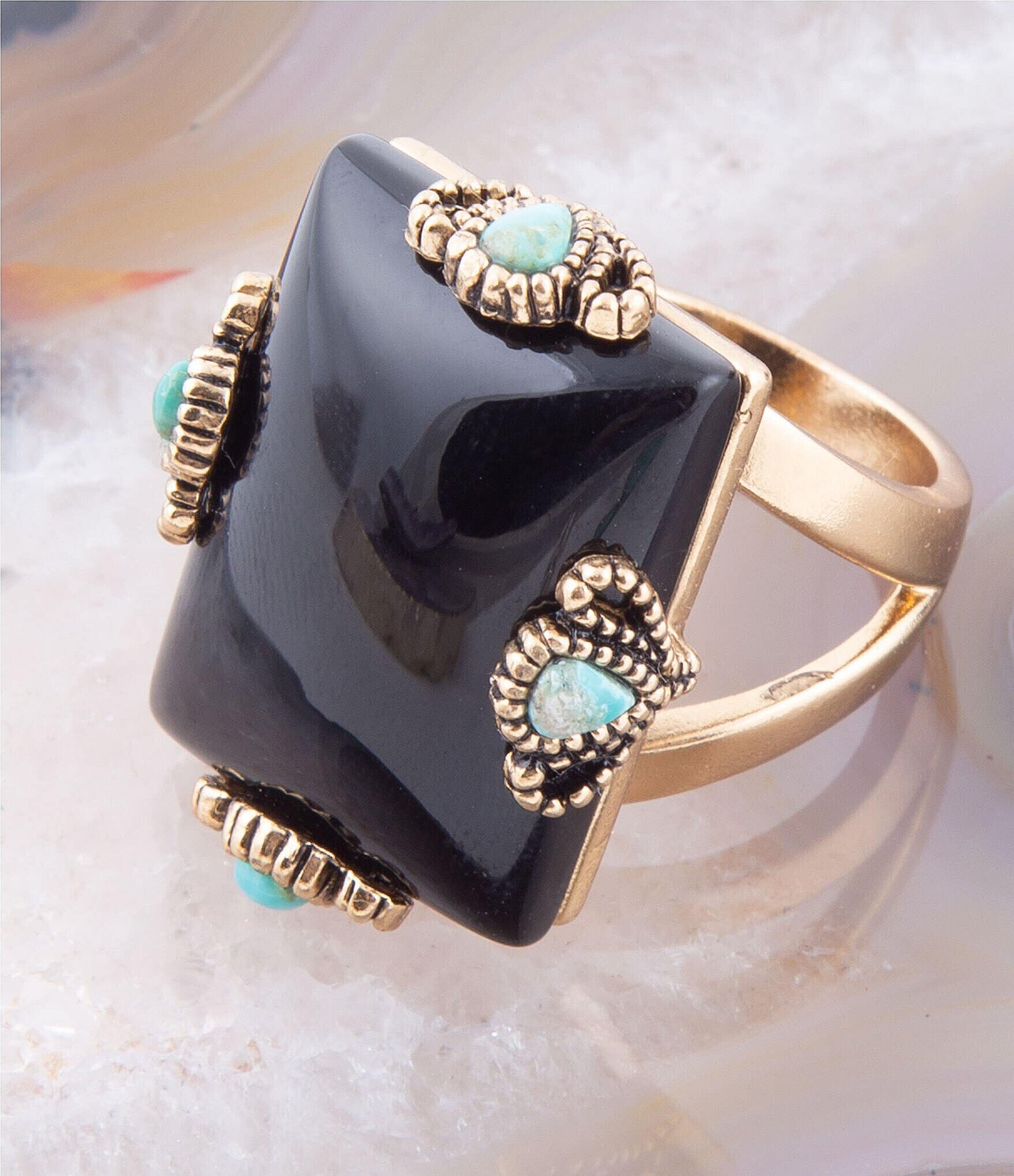 Barse Bronze and Genuine Onyx and Turquoise Statement Ring