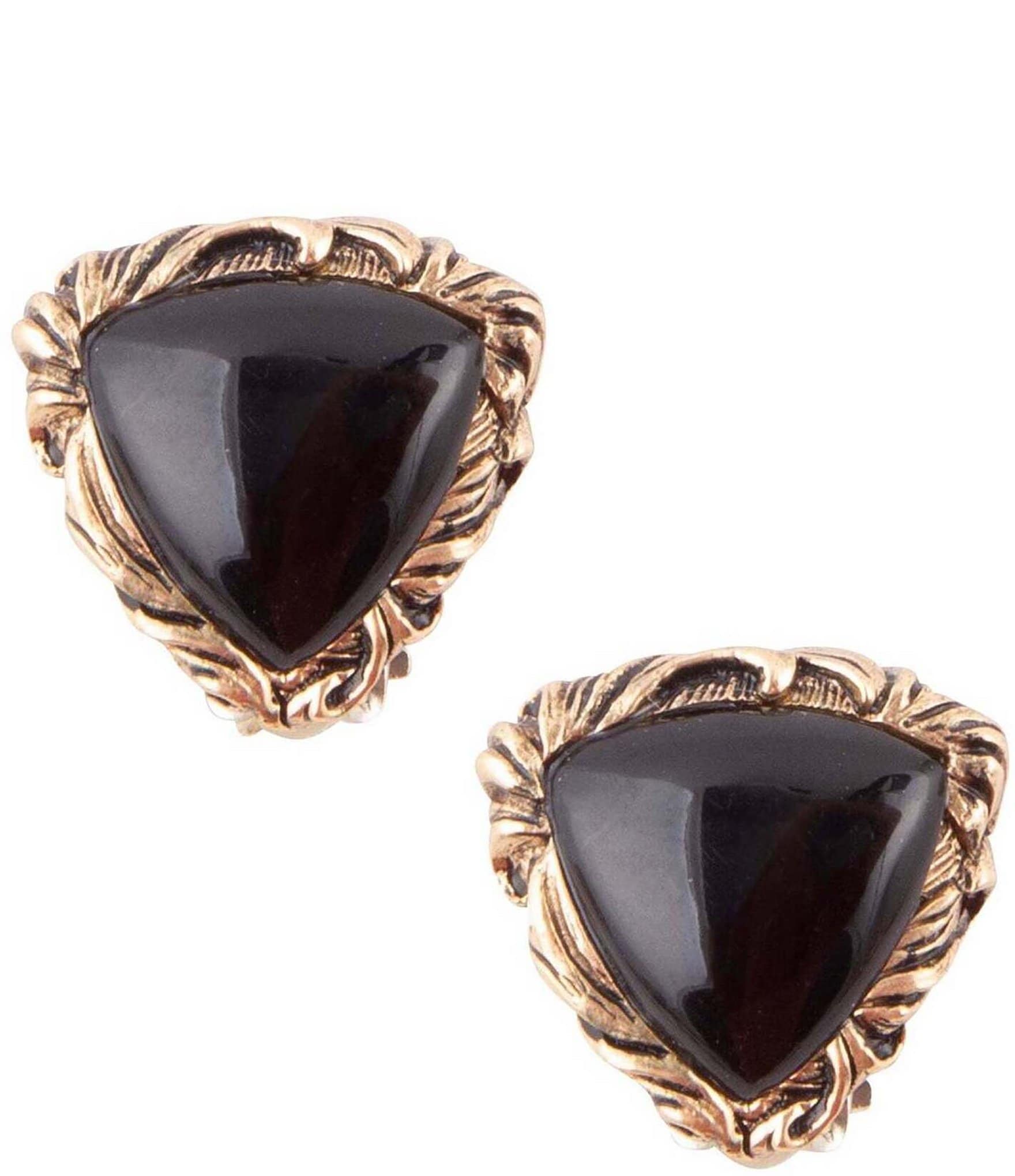 Barse Bronze and Genuine Onyx Triangle Clip Stud Earrings