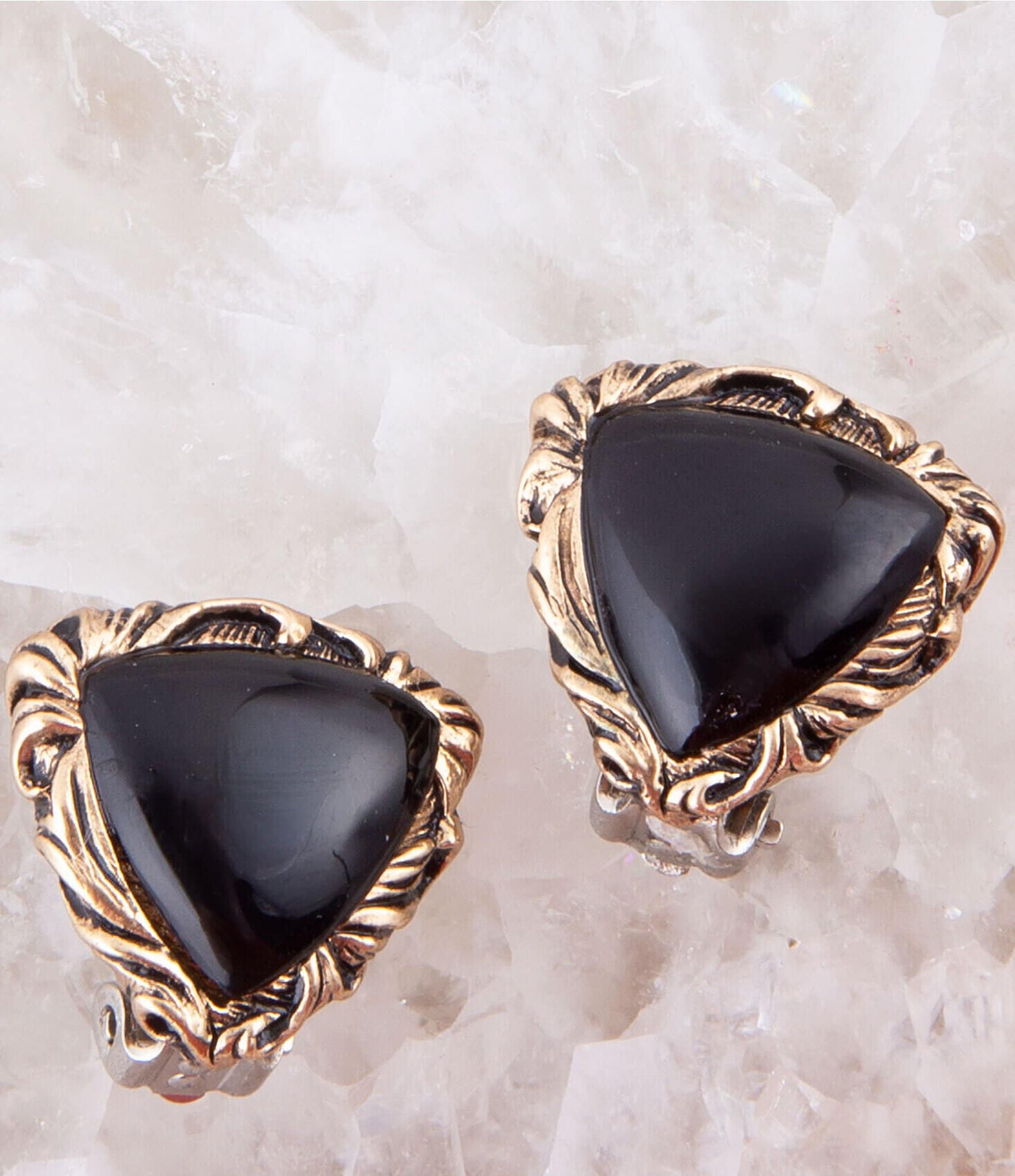 Barse Bronze and Genuine Onyx Triangle Clip Stud Earrings