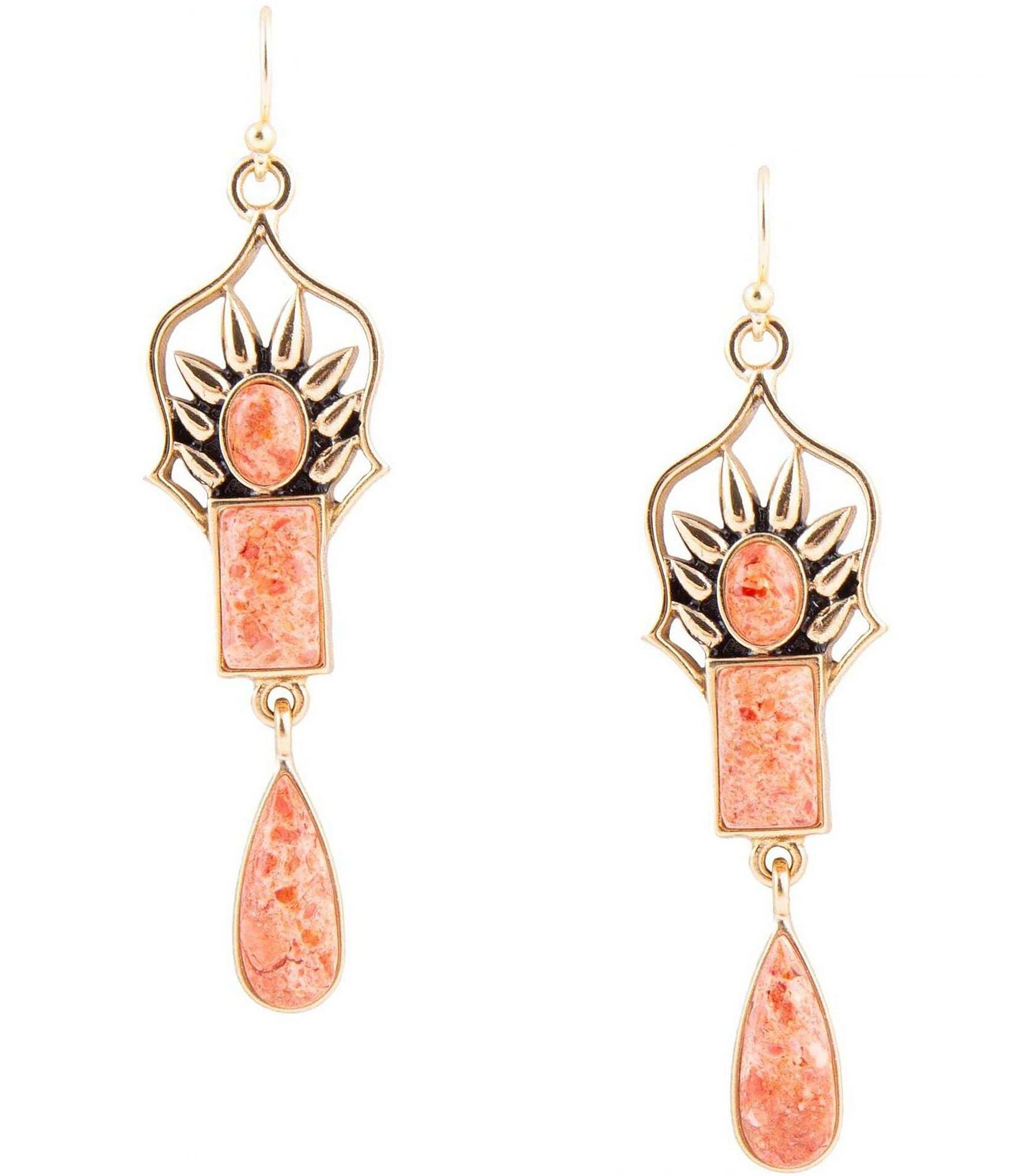 Barse Bronze and Genuine Orange Sponge Coral Stone Linear Earrings