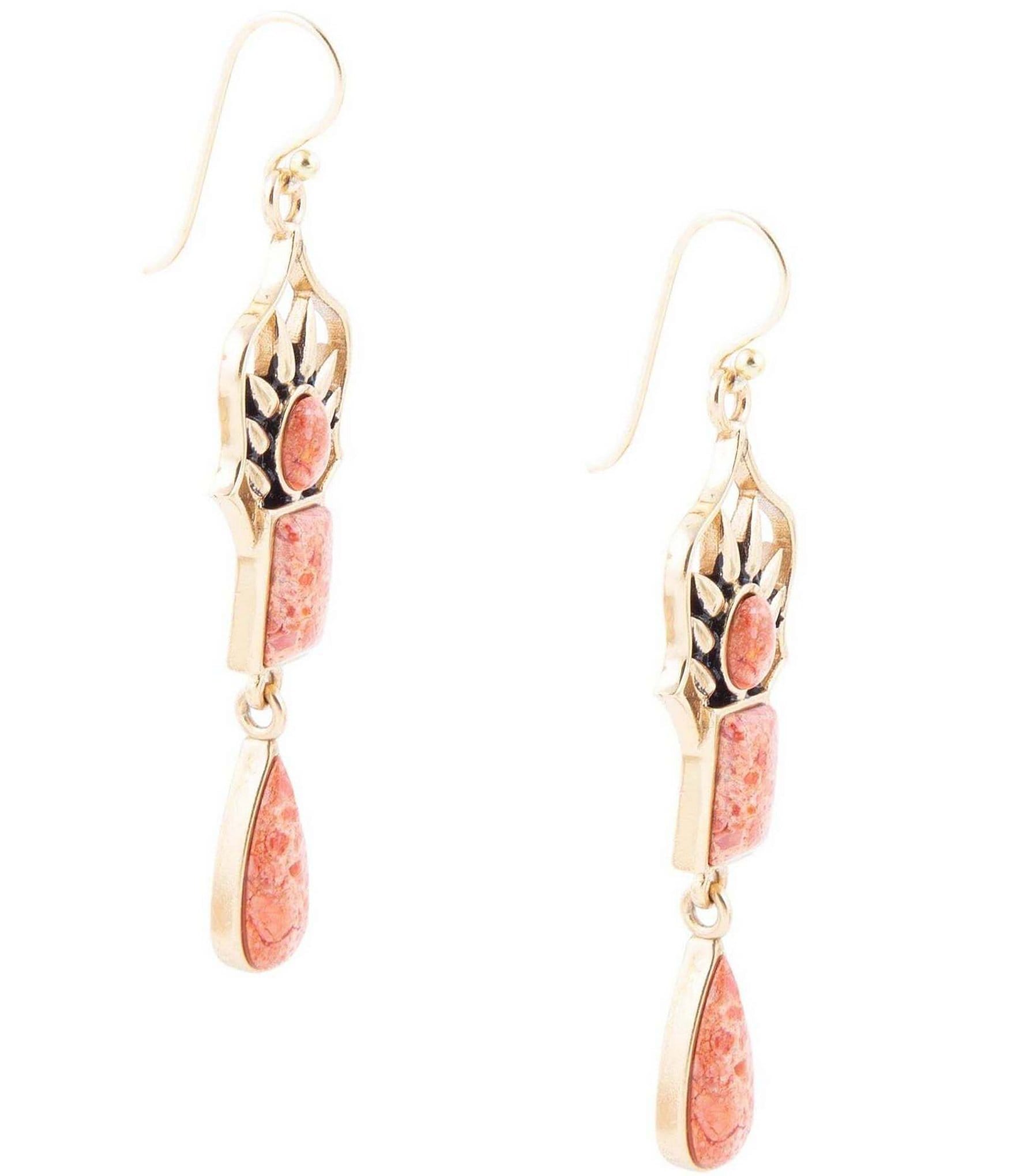 Barse Bronze and Genuine Orange Sponge Coral Stone Linear Earrings